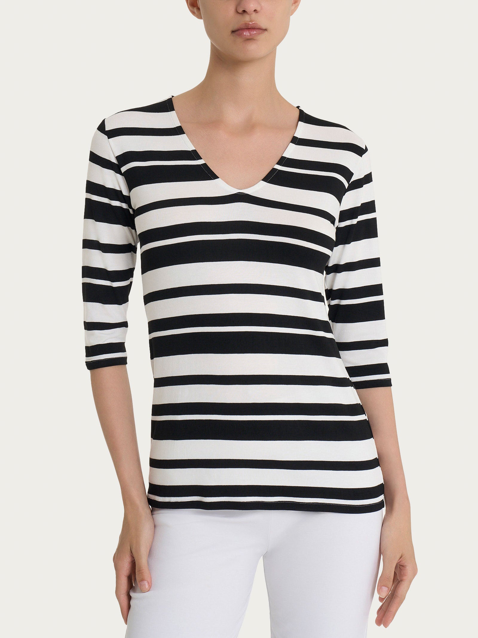 Maglietta con stripes e scollo a V in Viscosa Summer  Neri Donna - Ragno