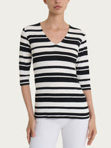 Maglietta con stripes e scollo a V in Viscosa Summer  Neri Donna - Ragno