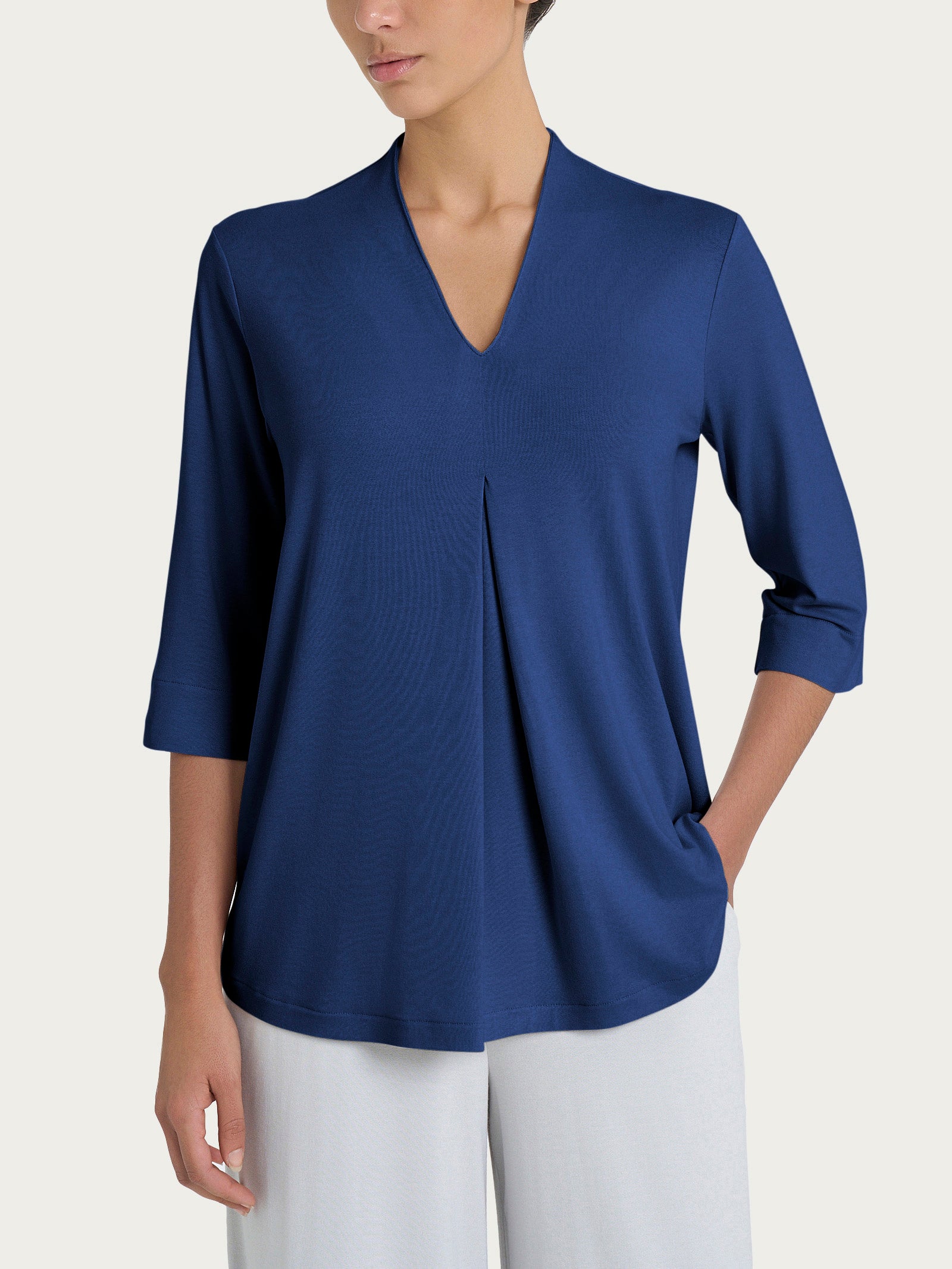 Maglietta con piega frontale e manica 3/4 in jersey di viscosa Crêpe Blu Donna - Ragno