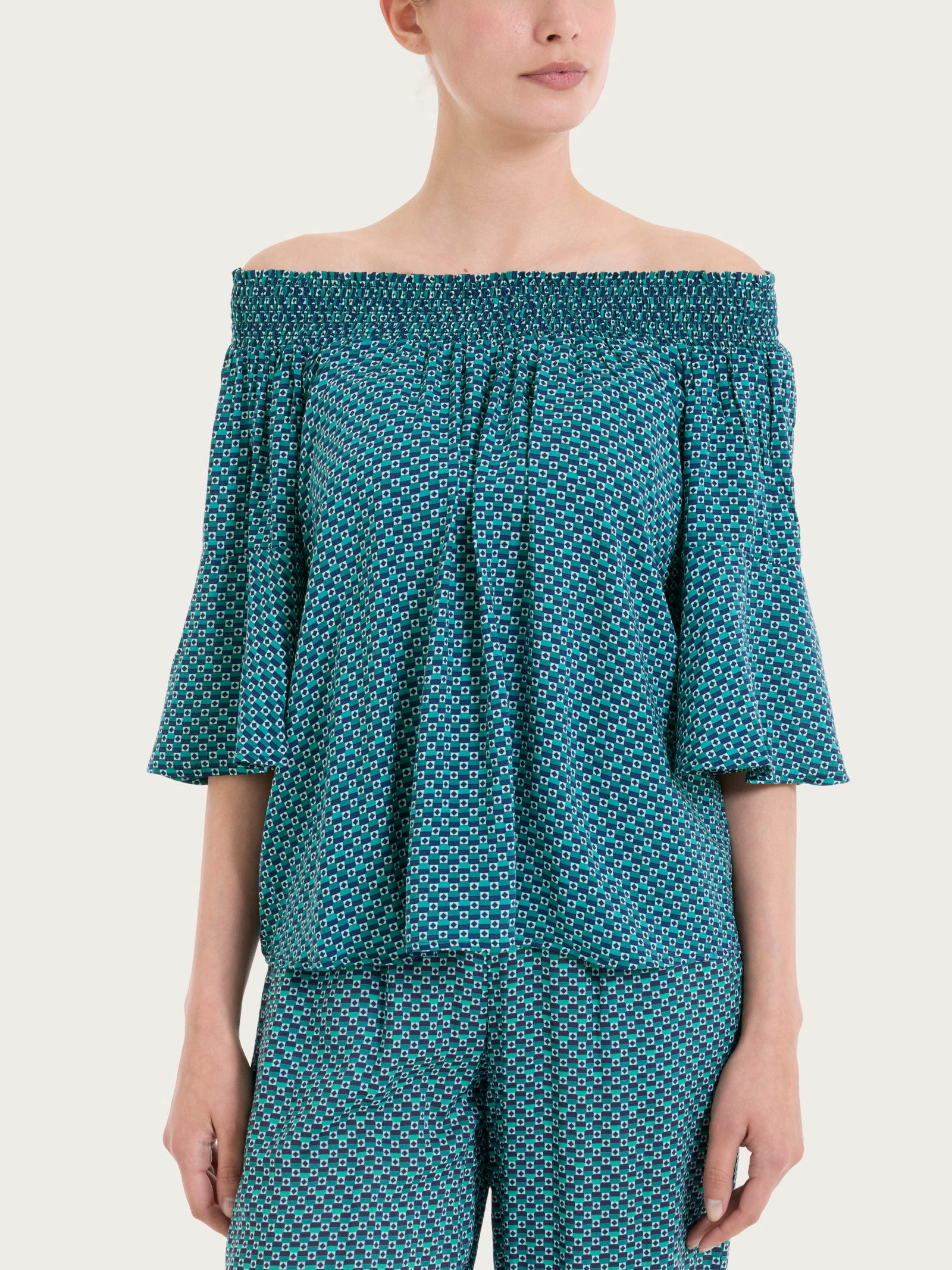 Maglietta arricciata con fantasia in EcoSeta Blu Donna - Ragno