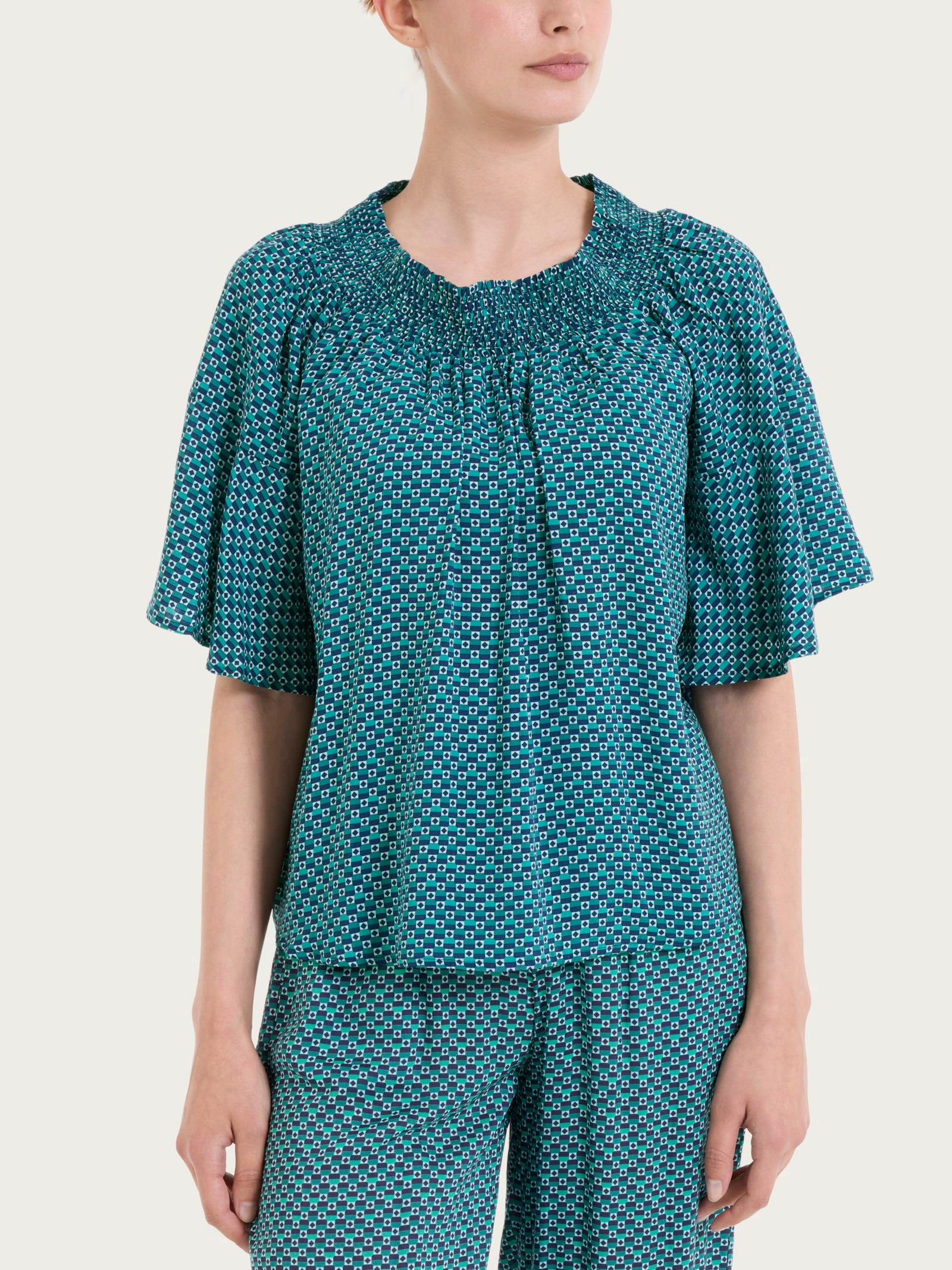 Maglietta arricciata con fantasia in EcoSeta Blu Donna - Ragno