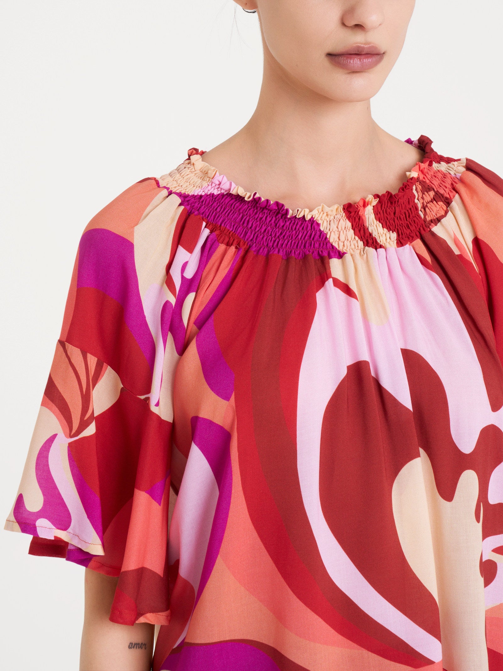 Maglietta arricciata con fantasia in EcoSeta Rossi Donna - Ragno
