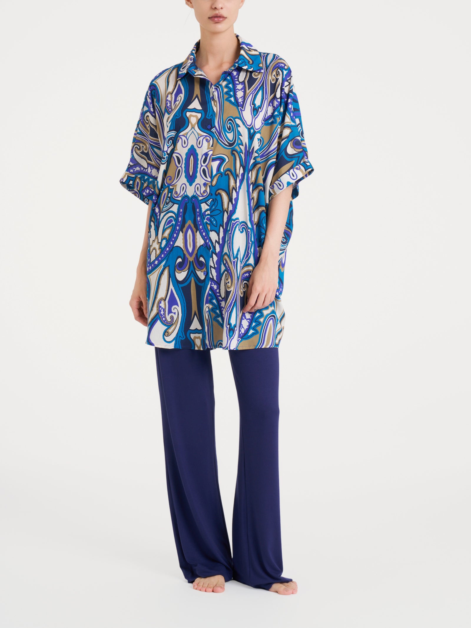 Chemisier con manica kimono e fantasia in EcoSeta Blu Donna - Ragno
