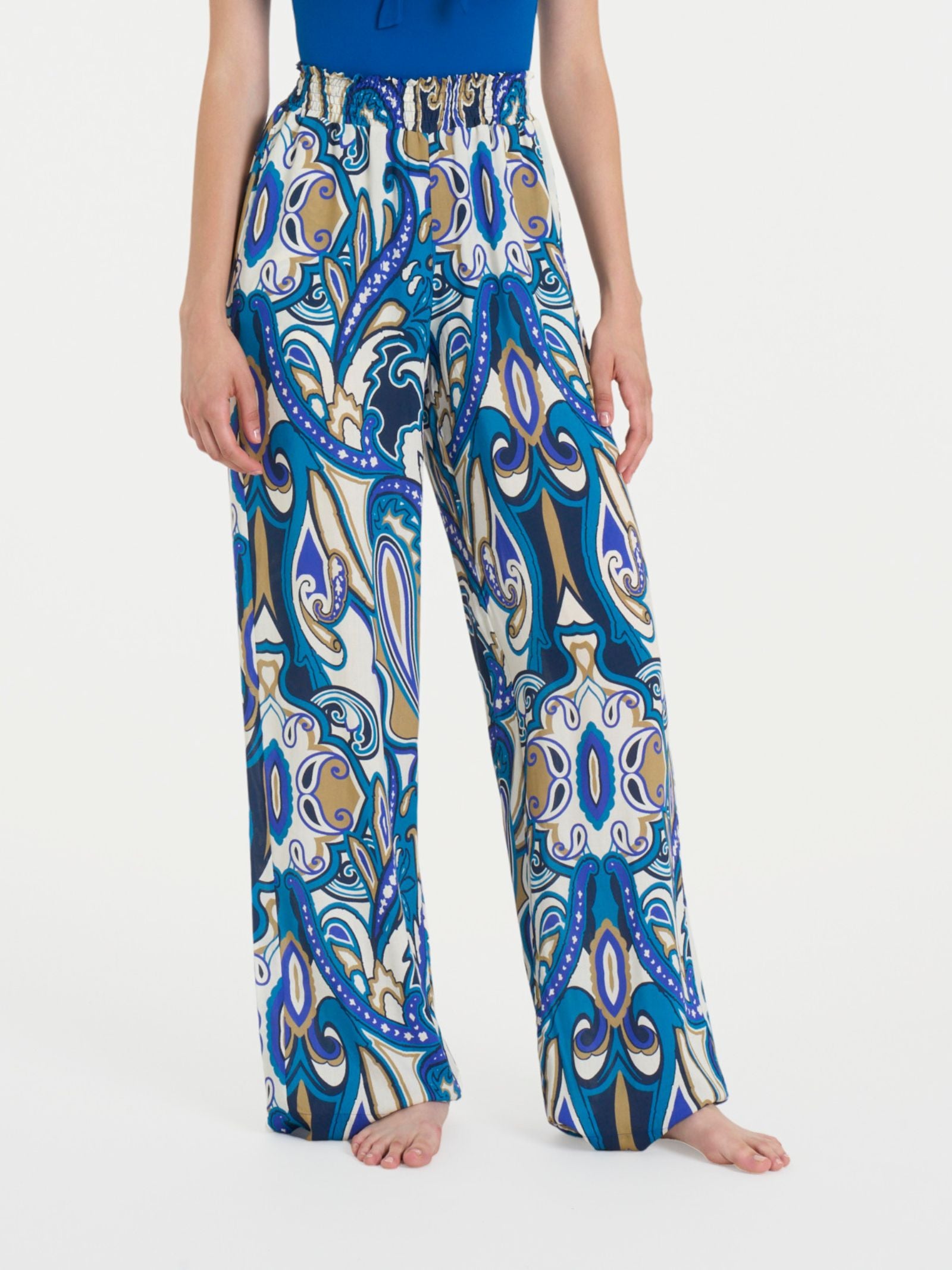 Pantalone ampio con arricciatura in fantasia in Ecoseta Blu Donna - Ragno