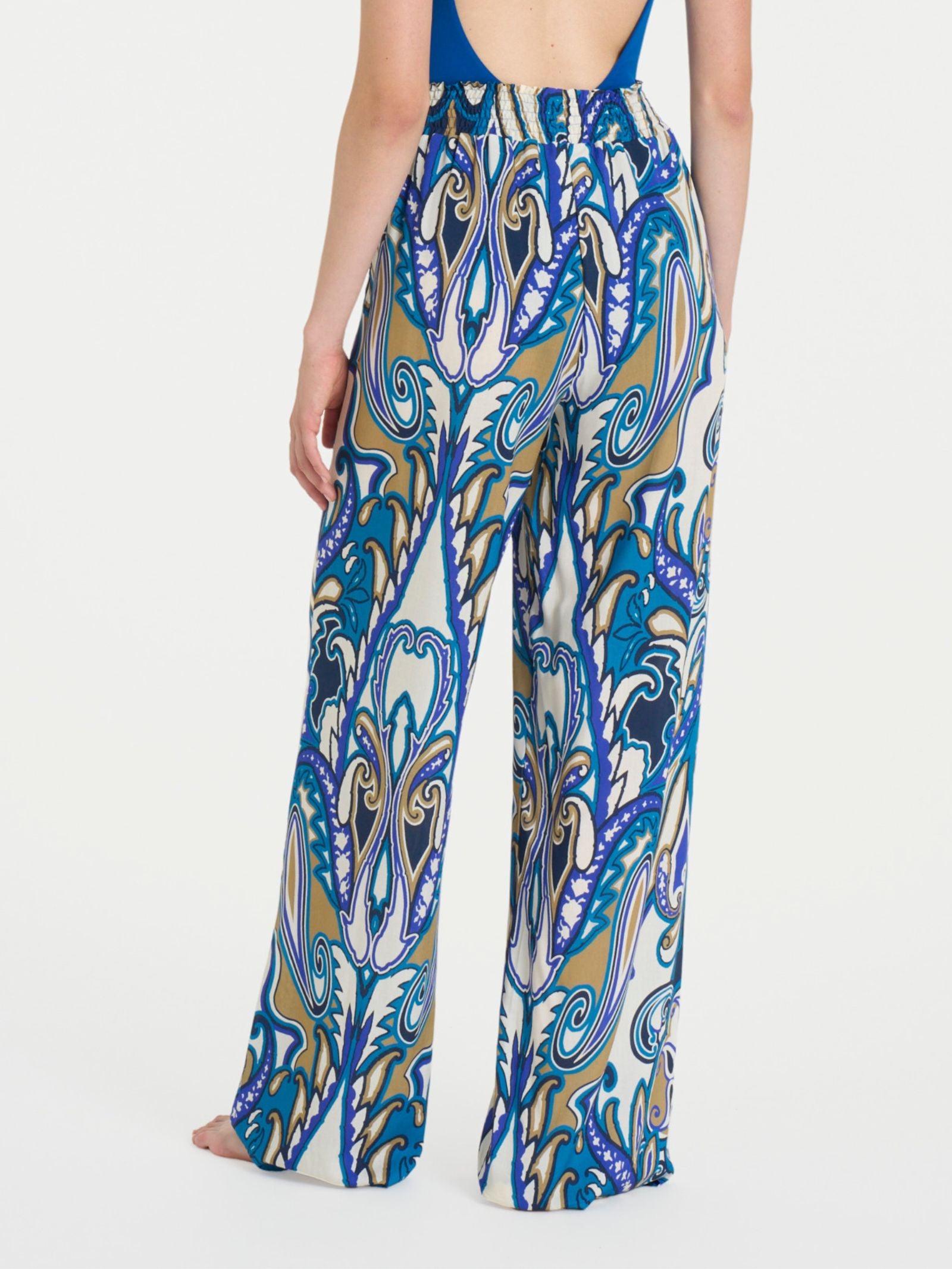 Pantalone ampio con arricciatura in fantasia in Ecoseta Blu Donna - Ragno