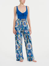 Pantalone ampio con arricciatura in fantasia in Ecoseta Blu Donna - Ragno