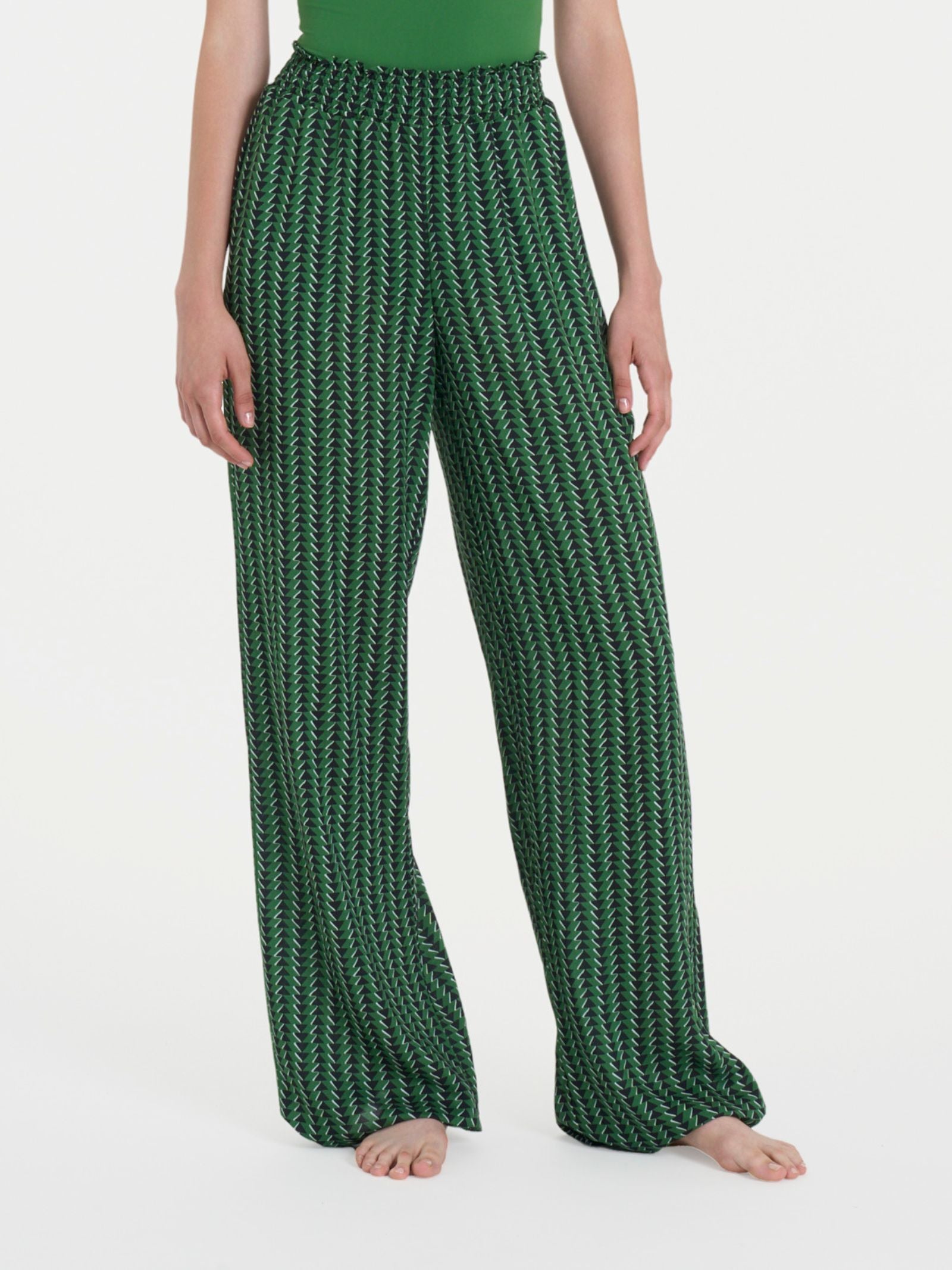 Pantalone ampio con arricciatura in fantasia in Ecoseta Verdi Donna - Ragno