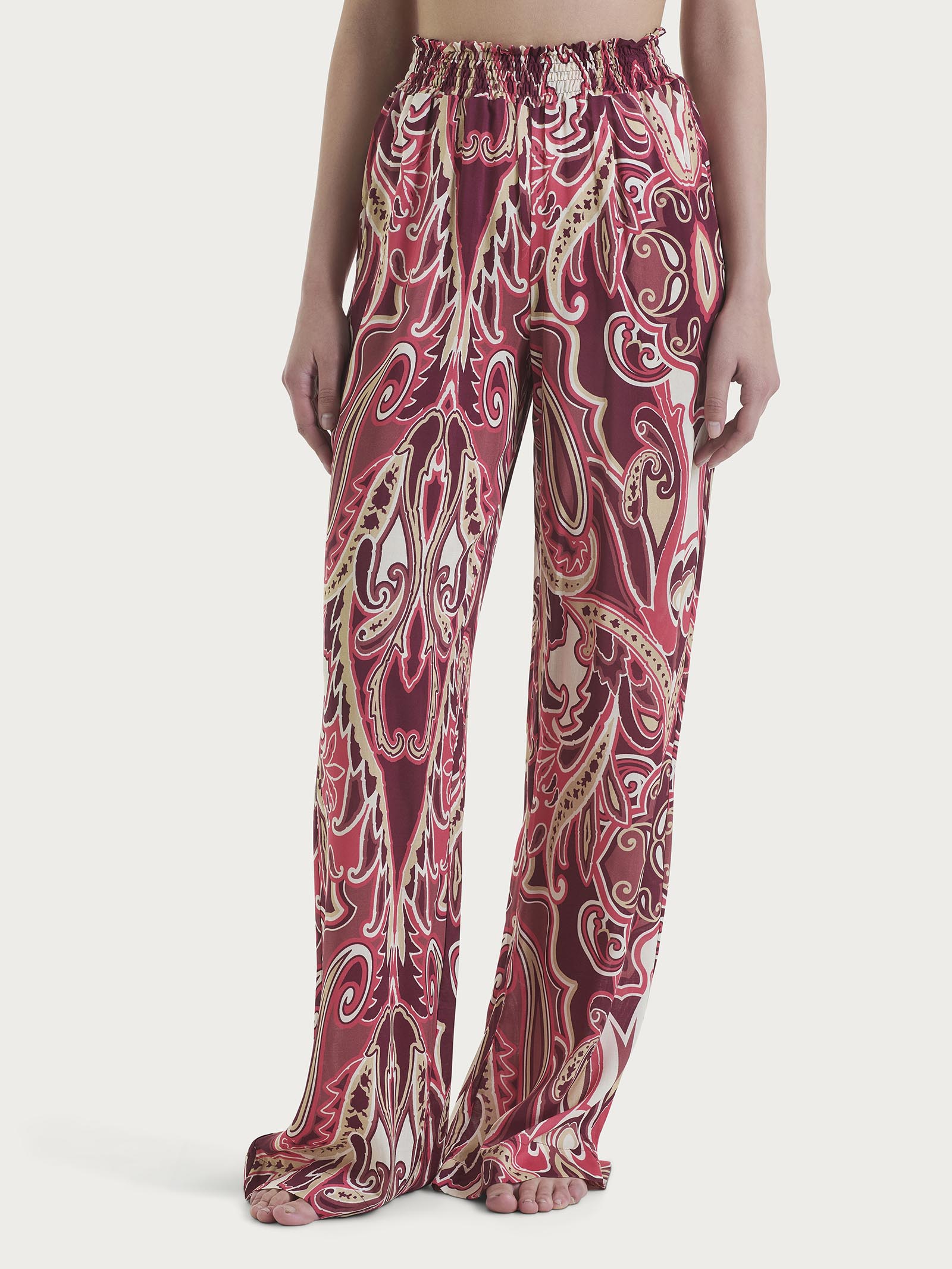Pantalone ampio con arricciatura in fantasia in Ecoseta Rossi Donna - Ragno