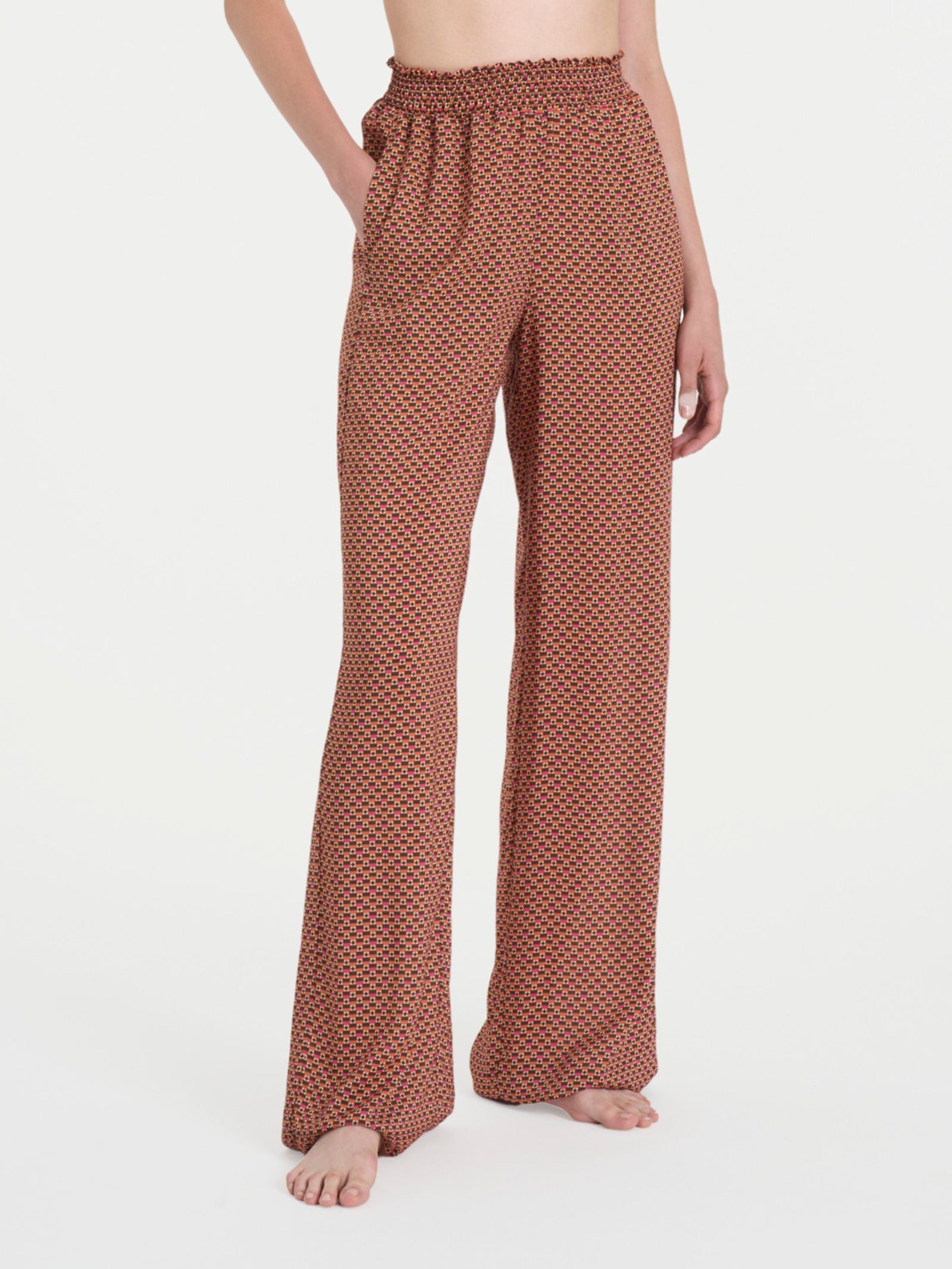 Pantalone ampio con arricciatura in fantasia in Ecoseta Marroni Donna - Ragno
