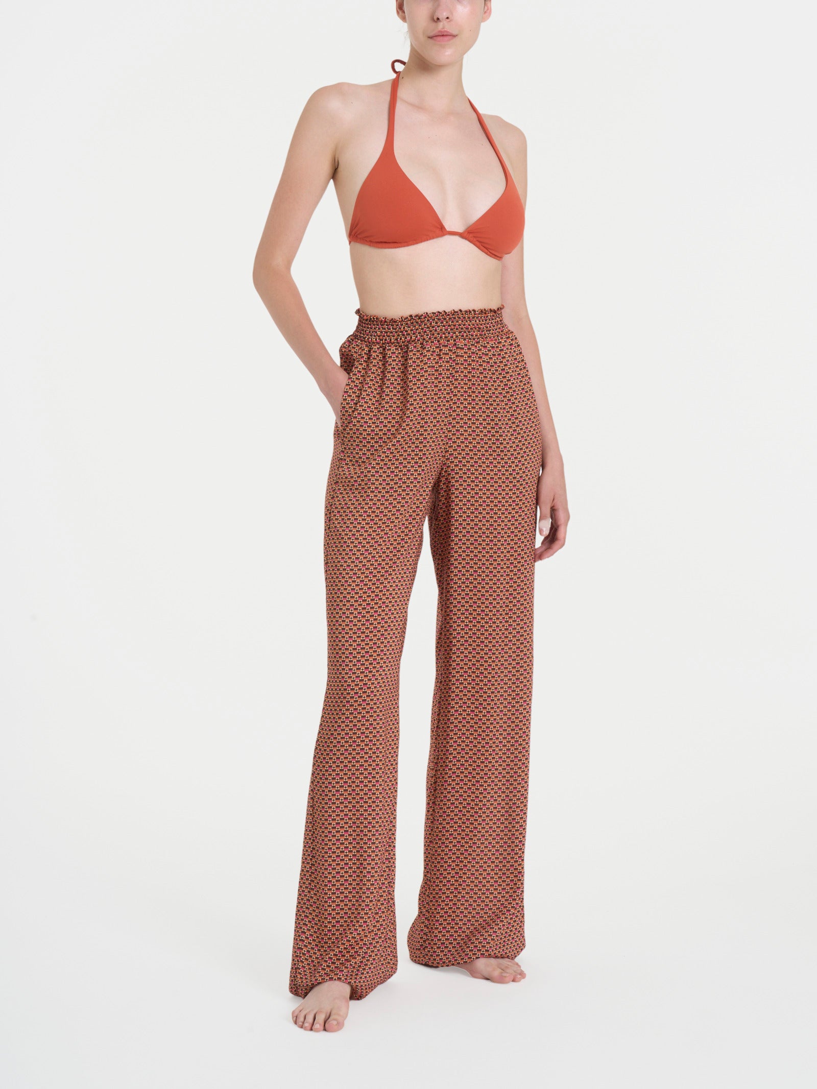 Pantalone ampio con arricciatura in fantasia in Ecoseta Marroni Donna - Ragno