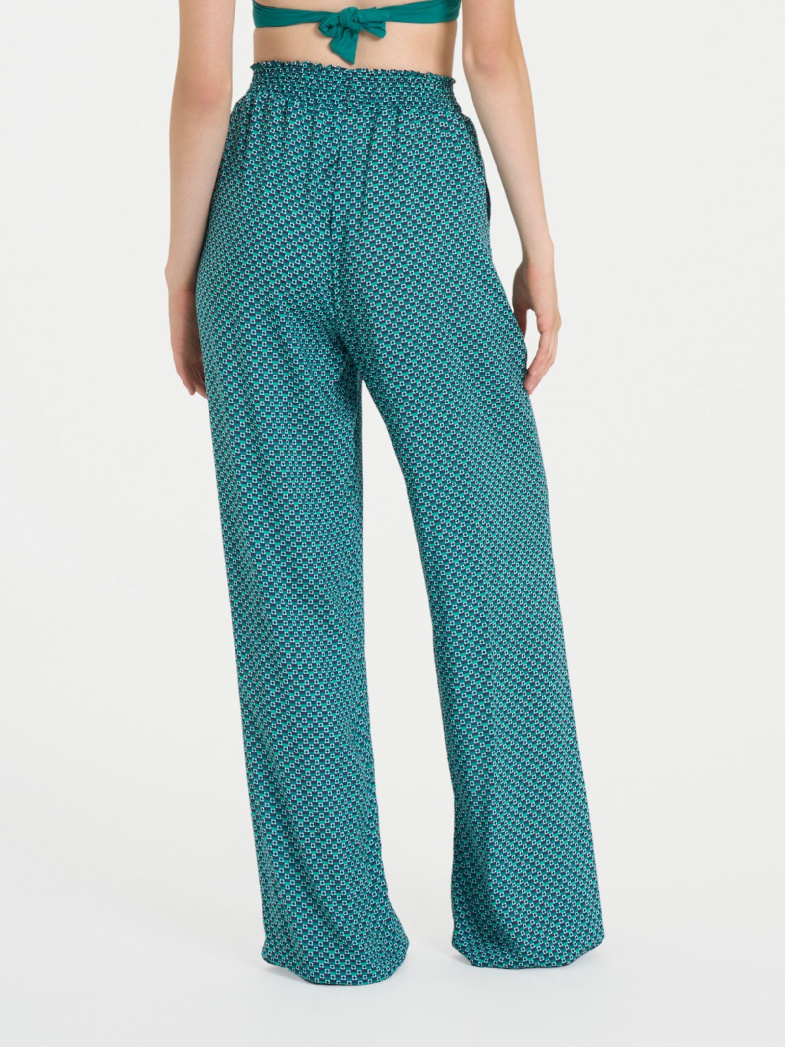 Pantalone ampio con arricciatura in fantasia in Ecoseta Blu Donna - Ragno