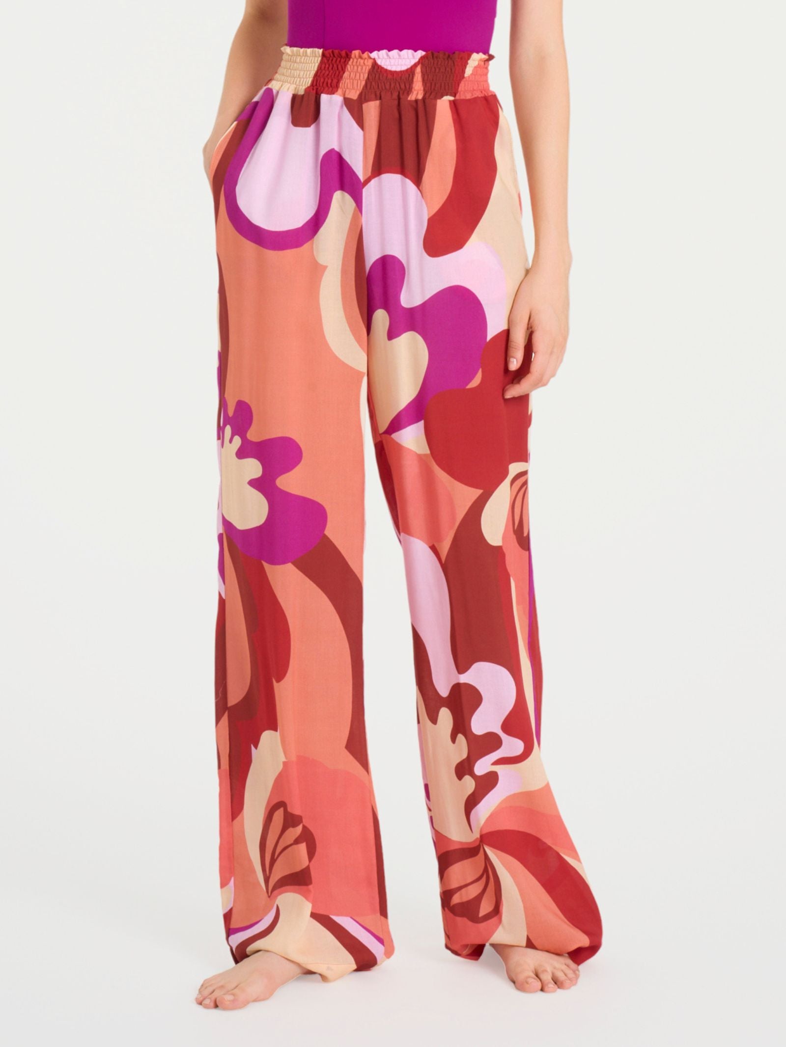Pantalone ampio con arricciatura in fantasia in Ecoseta Rossi Donna - Ragno