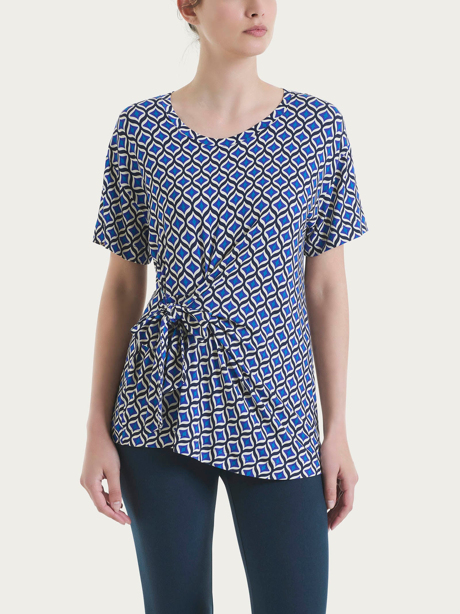 Maglietta in fantasia con nodo in Viscosa Summer  Blu Donna - Ragno