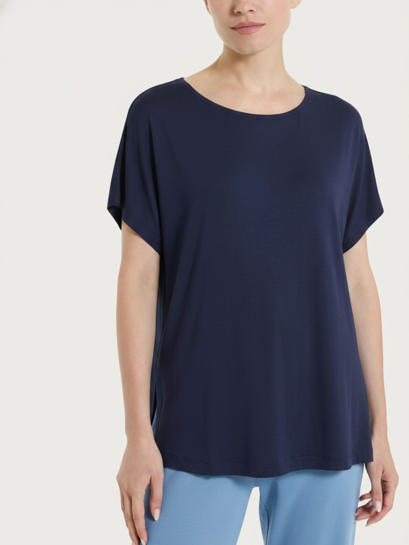 Unifarbenes T-Shirt mit Rundhalsausschnitt aus Viscosa Summer Blau für Damen - Ragno