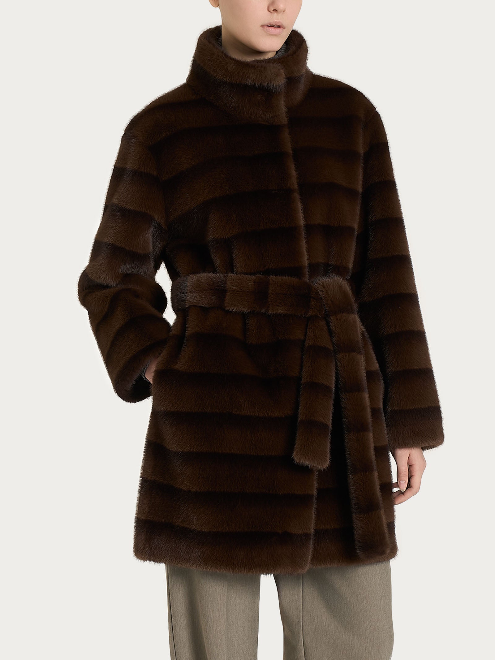 Cappotto con cintura double-face in Vegan Fur Marroni Donna - Ragno