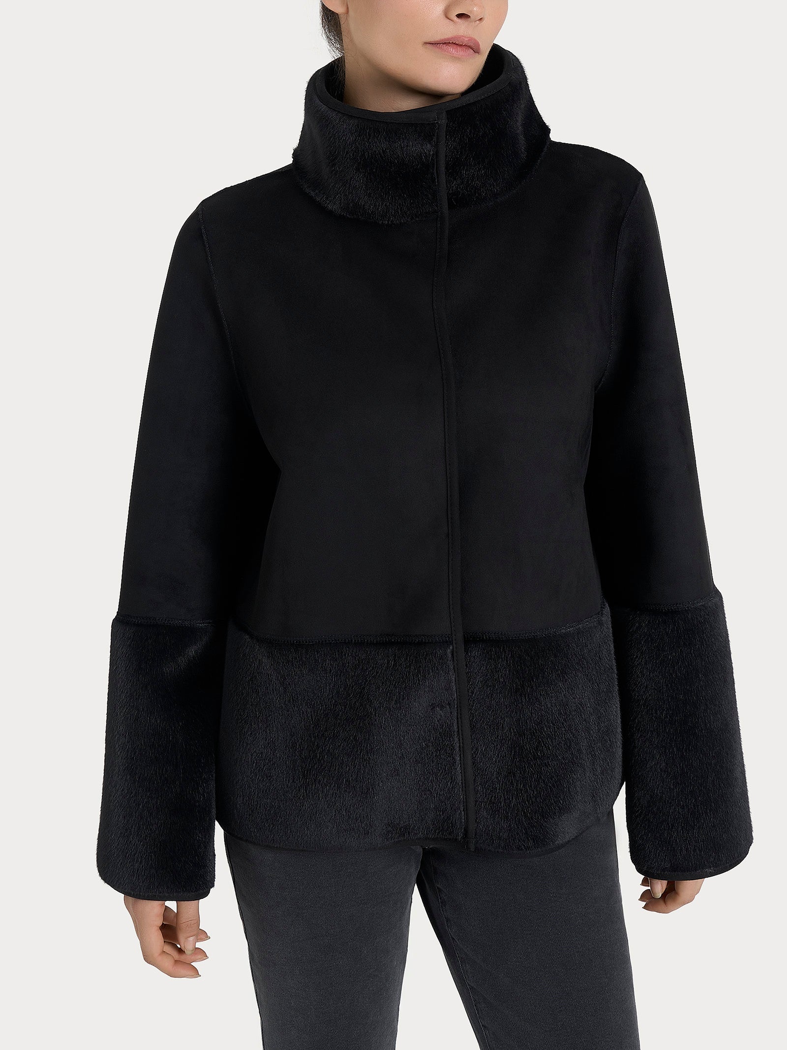 Giacca corta con collo alto double-face in Vegan Shearling  Neri Donna - Ragno