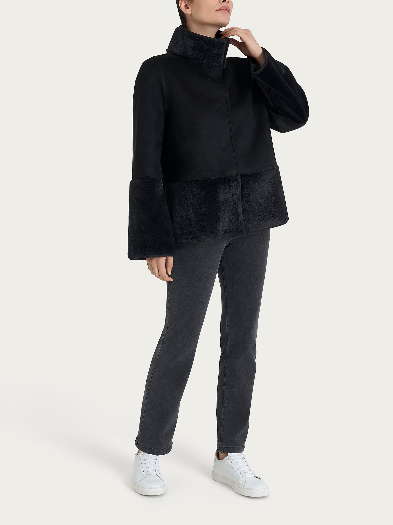Giacca corta con collo alto double-face in Vegan Shearling  Neri Donna - Ragno