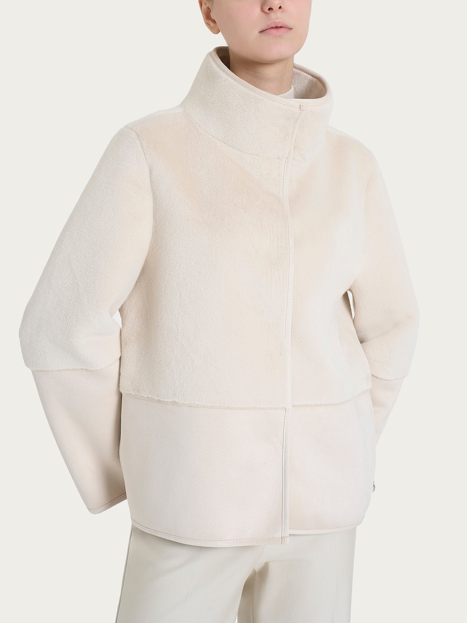 Giacca corta con collo alto double-face in Vegan Shearling  Bianchi Donna - Ragno
