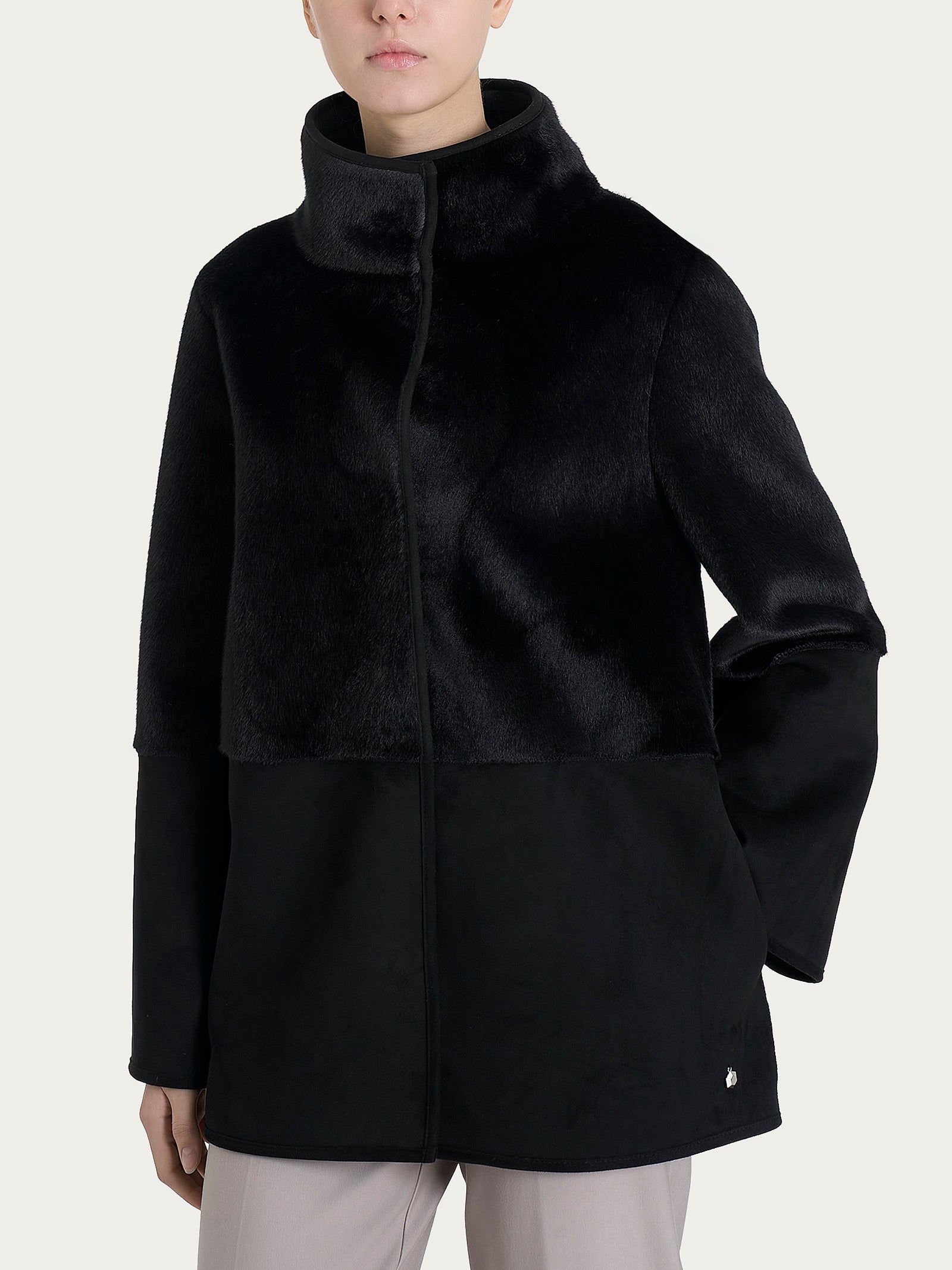 Giacca lunga con collo alto double-face in Vegan Shearling  Neri Donna - Ragno