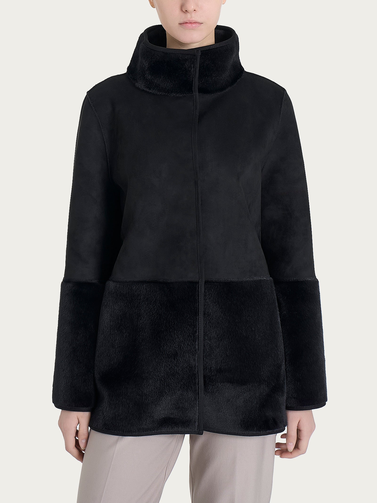 Giacca lunga con collo alto double-face in Vegan Shearling  Neri Donna - Ragno