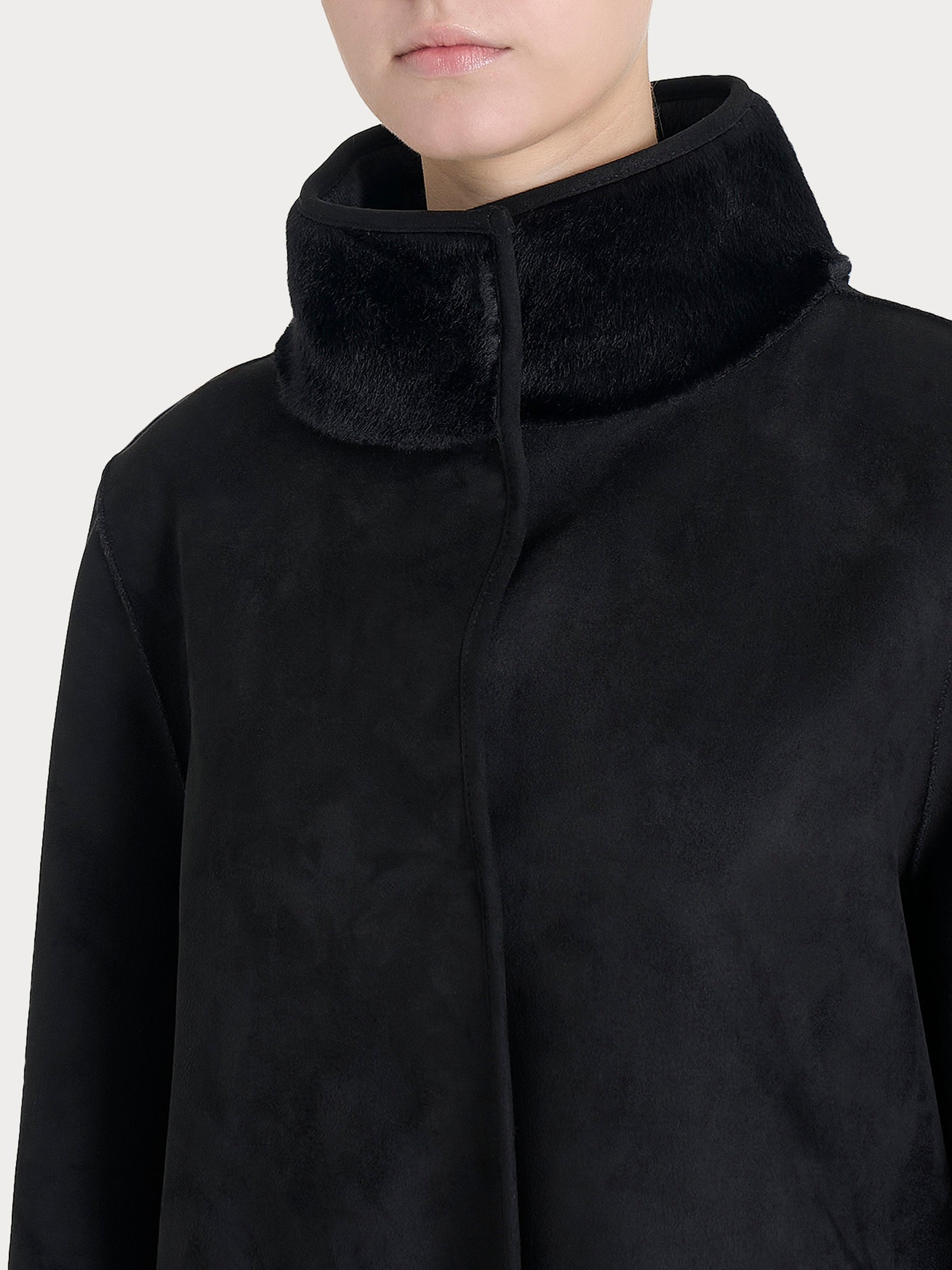 Giacca lunga con collo alto double-face in Vegan Shearling  Neri Donna - Ragno