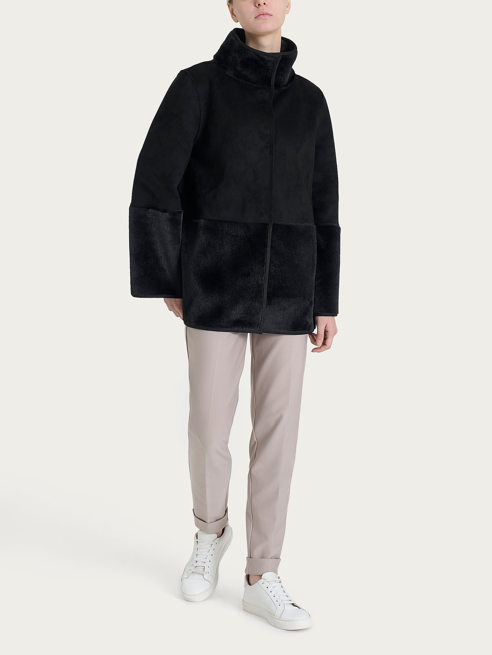 Giacca lunga con collo alto double-face in Vegan Shearling  Neri Donna - Ragno