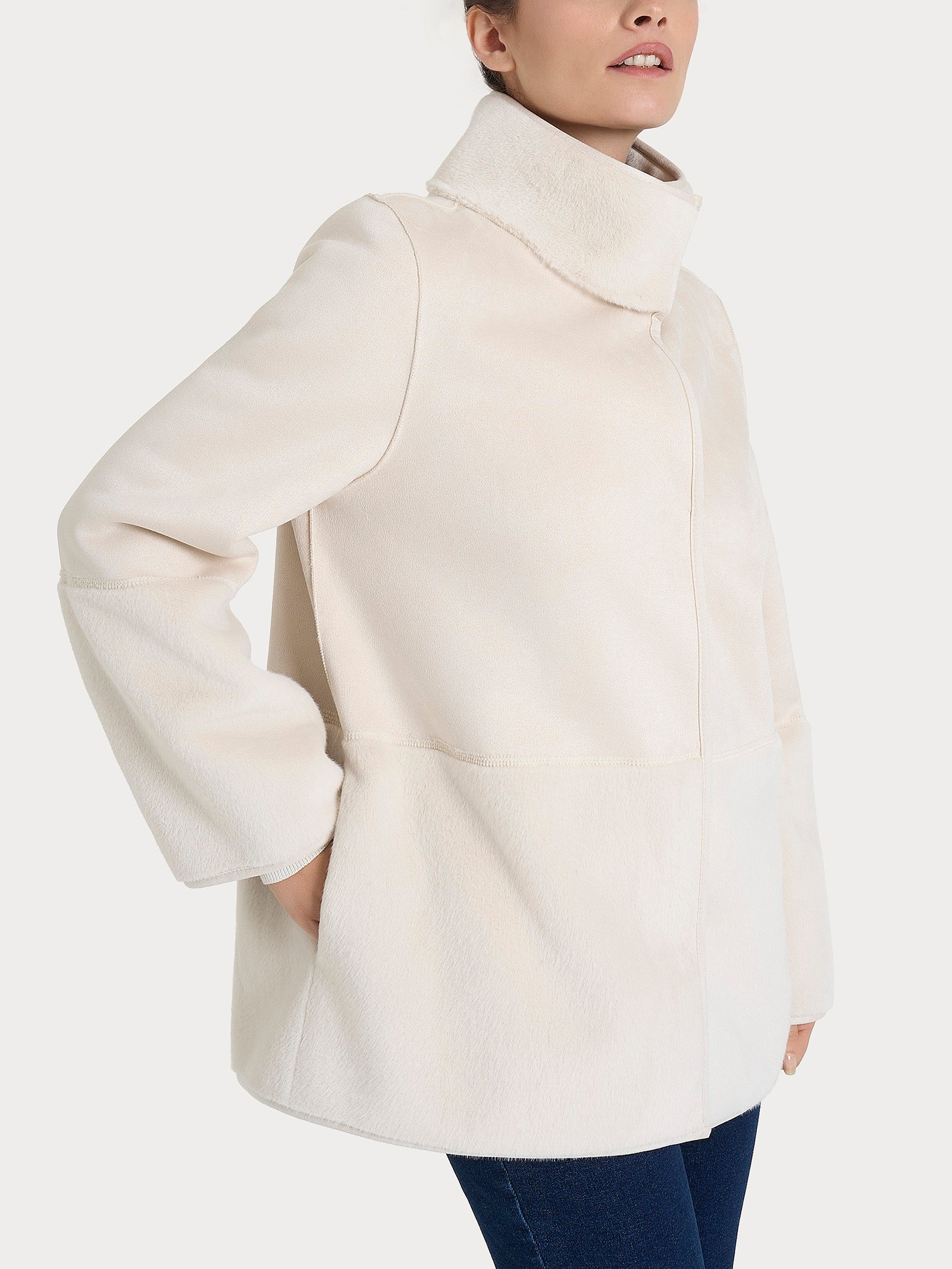 Giacca lunga con collo alto double-face in Vegan Shearling  Bianchi Donna - Ragno