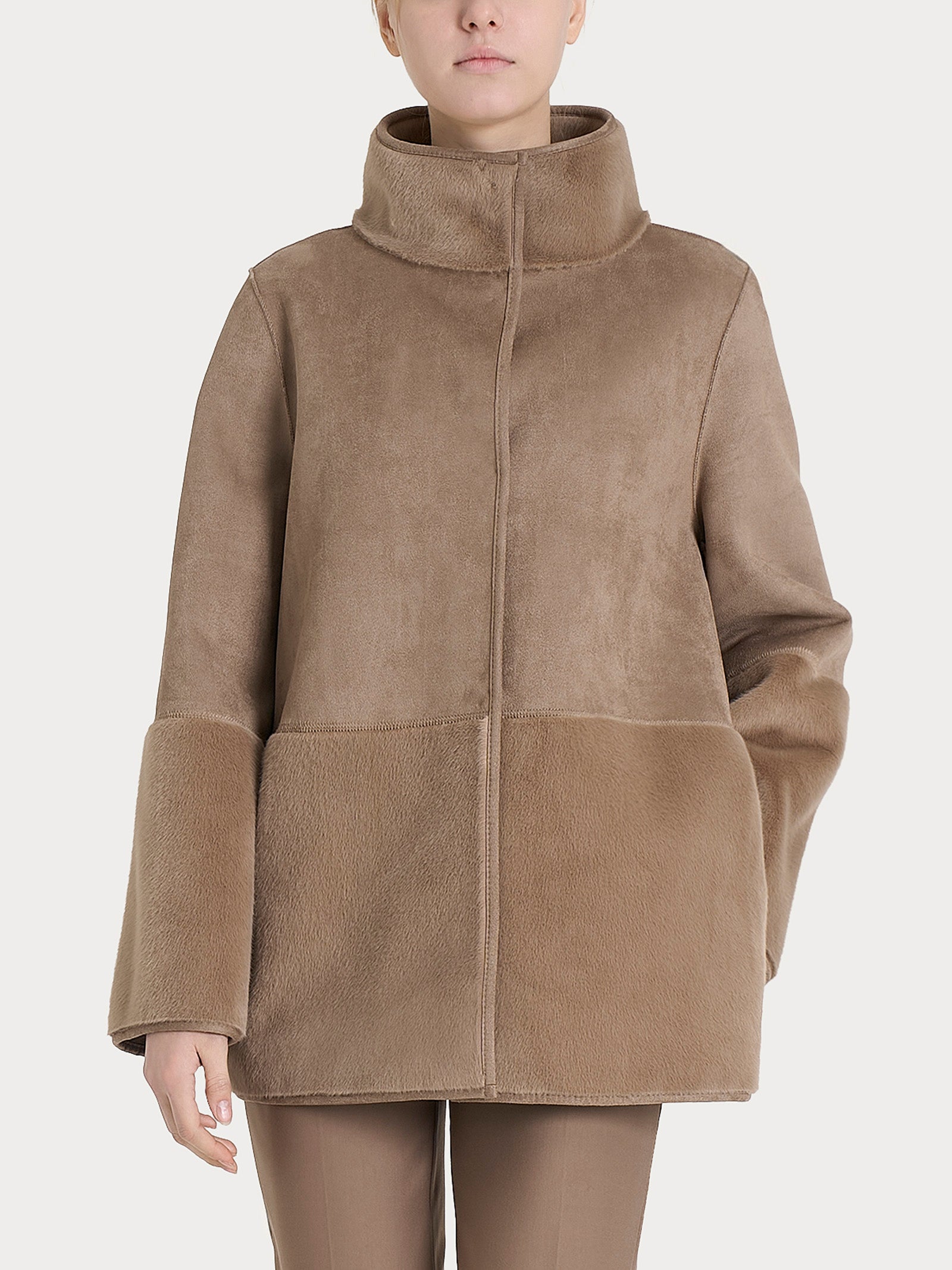 Giacca lunga con collo alto double-face in Vegan Shearling  Marroni Donna - Ragno