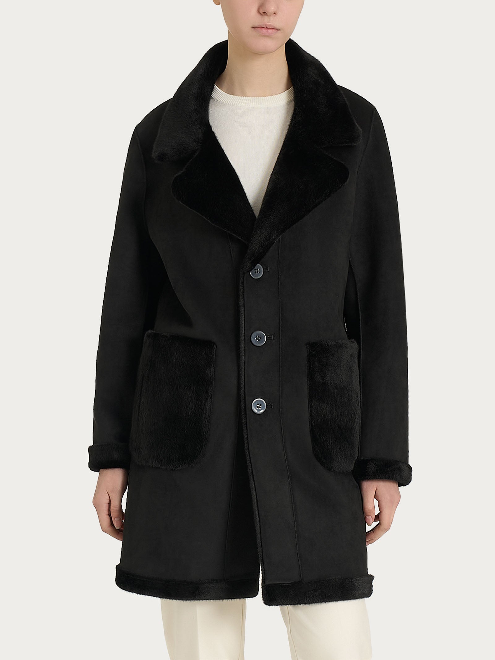Cappotto corto con revers double-face in Vegan Shearling Neri Donna - Ragno