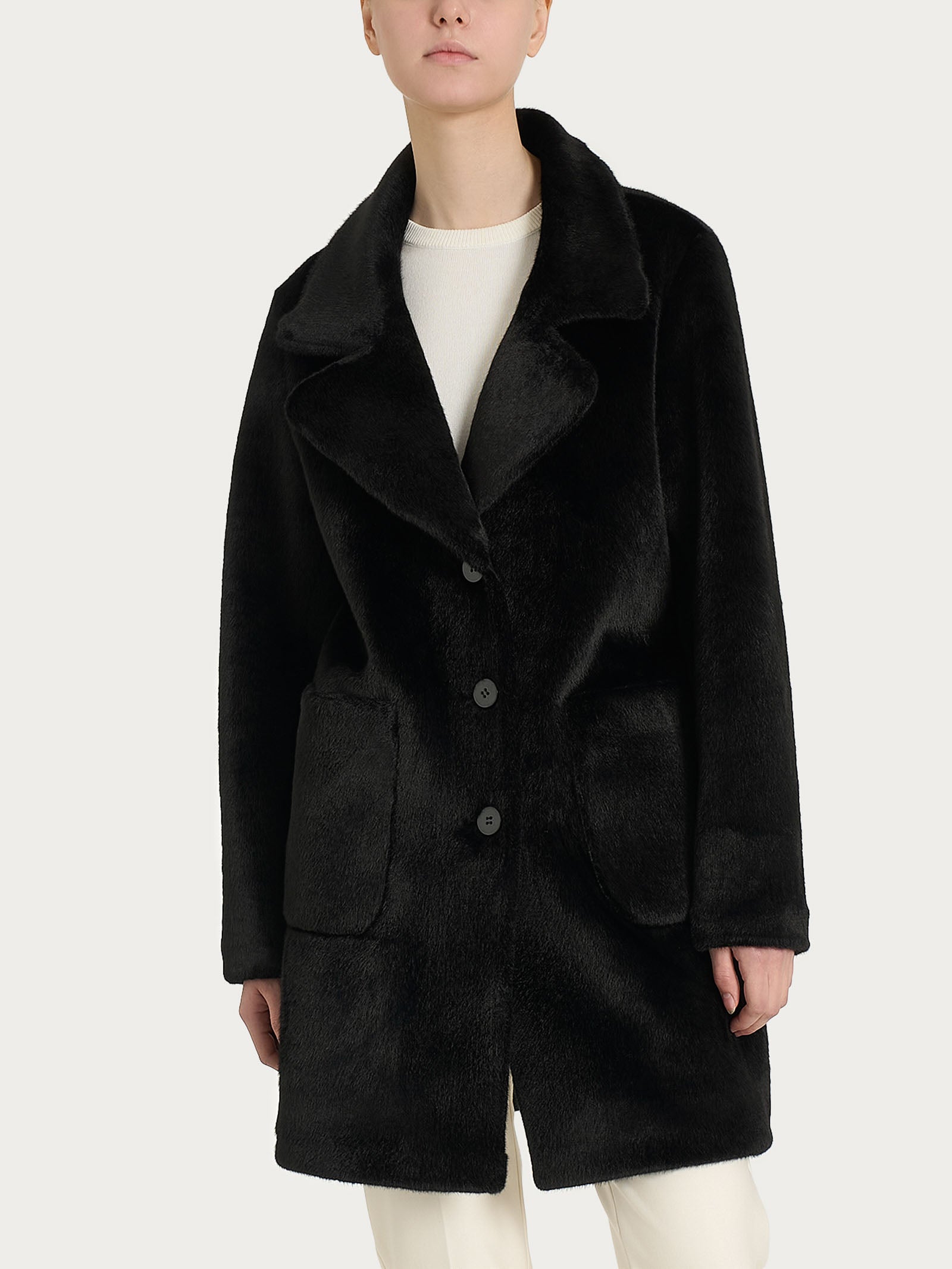 Cappotto corto con revers double-face in Vegan Shearling Neri Donna - Ragno
