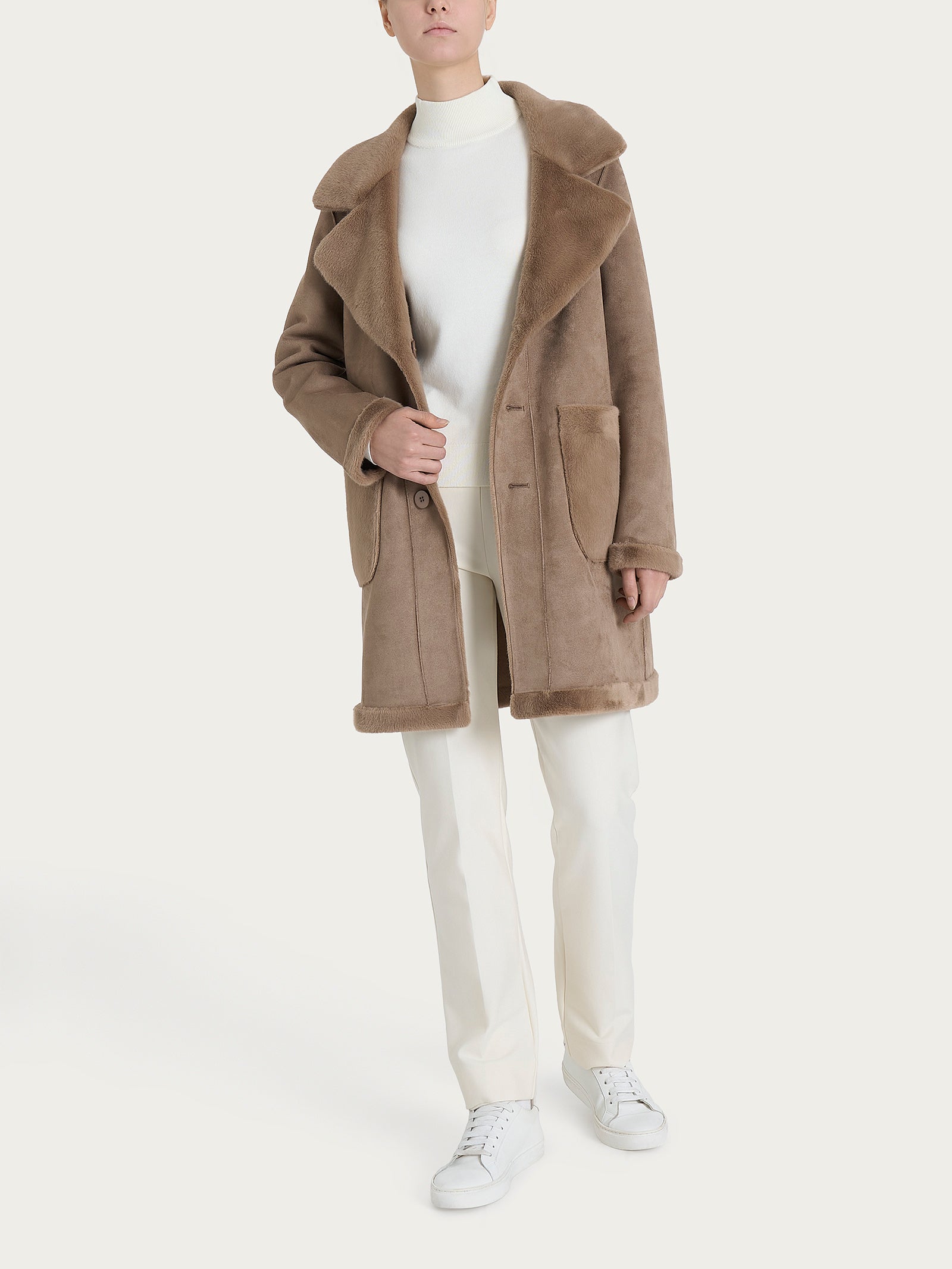 Cappotto corto con revers double-face in Vegan Shearling Marroni Donna - Ragno