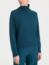 Women's Blue Ribbed Turtleneck Sweater in a Wool and Angora Blend - Ragno