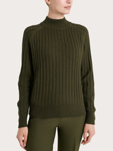 Women's Green Ribbed Crew Neck Sweater in a Wool and Angora Blend - Ragno