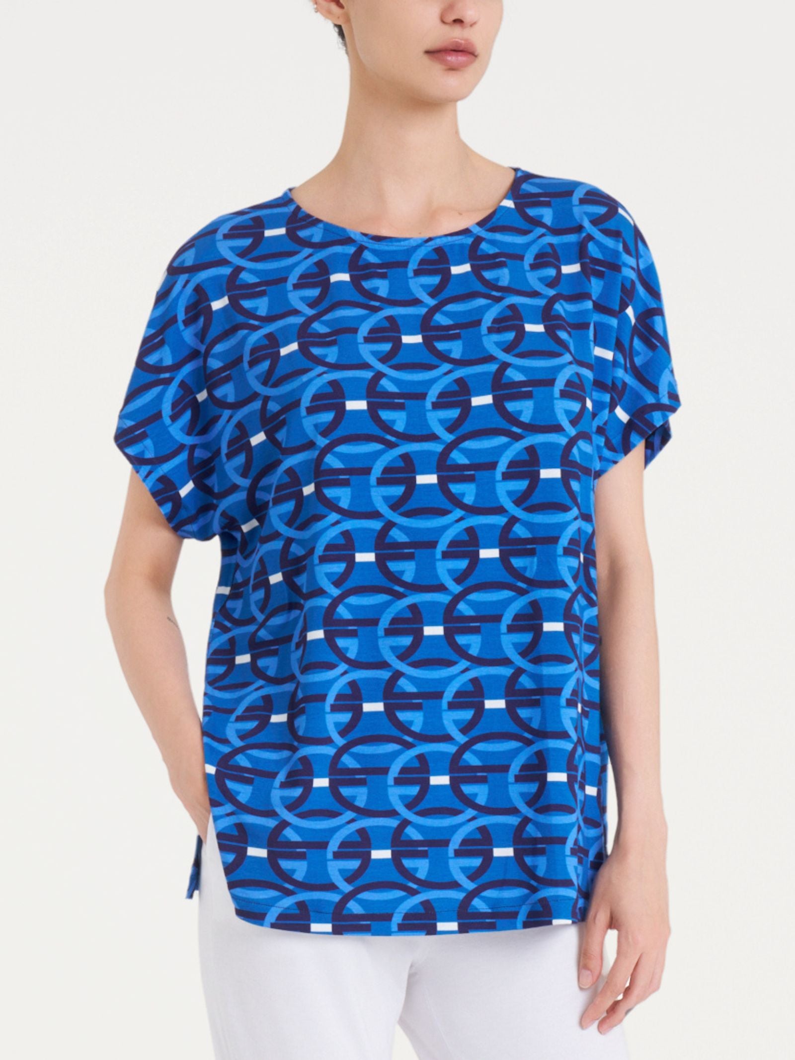 Maglietta girocollo con geometric pattern in Viscosa Summer  Blu Donna - Ragno