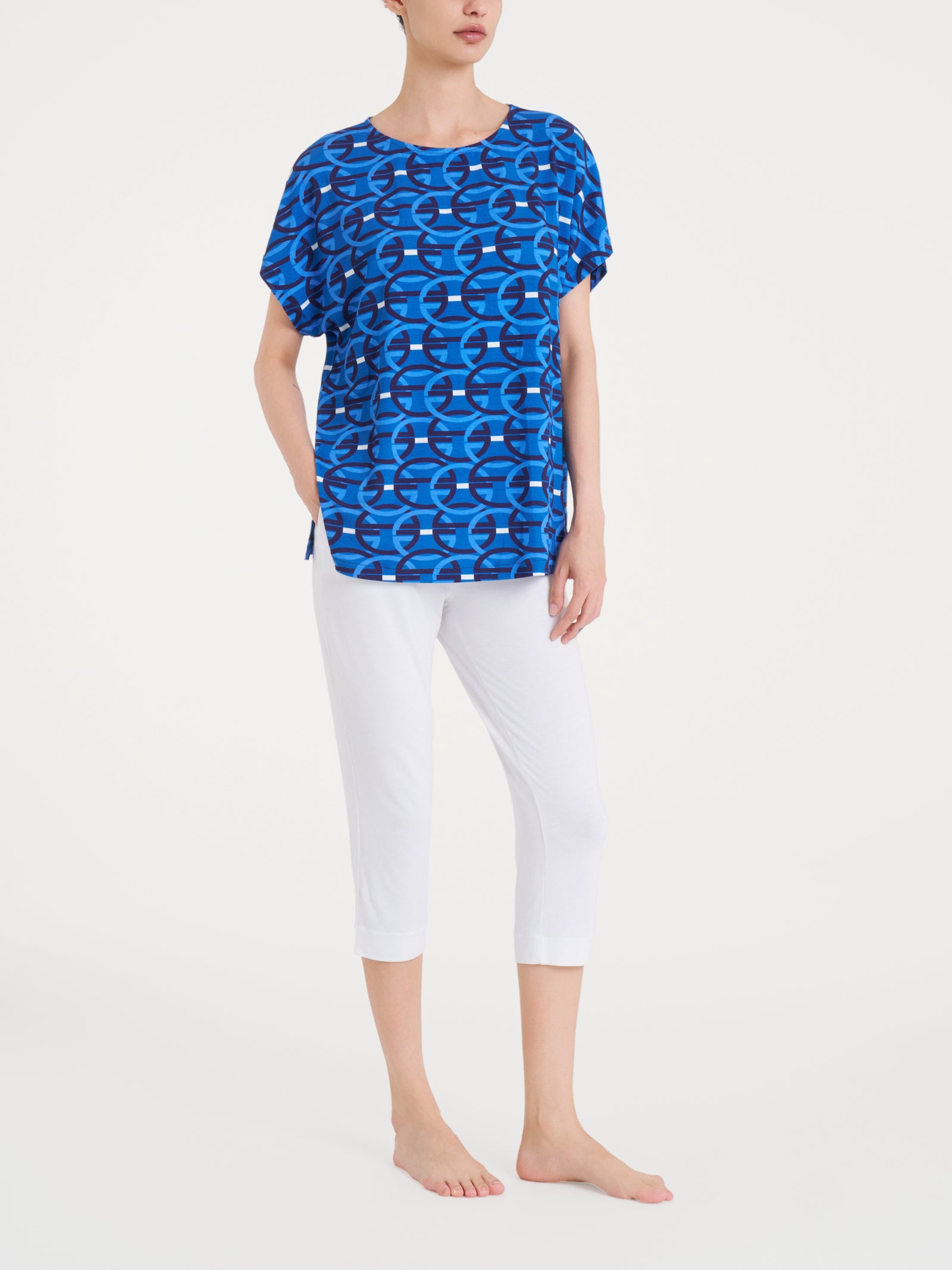 Maglietta girocollo con geometric pattern in Viscosa Summer  Blu Donna - Ragno