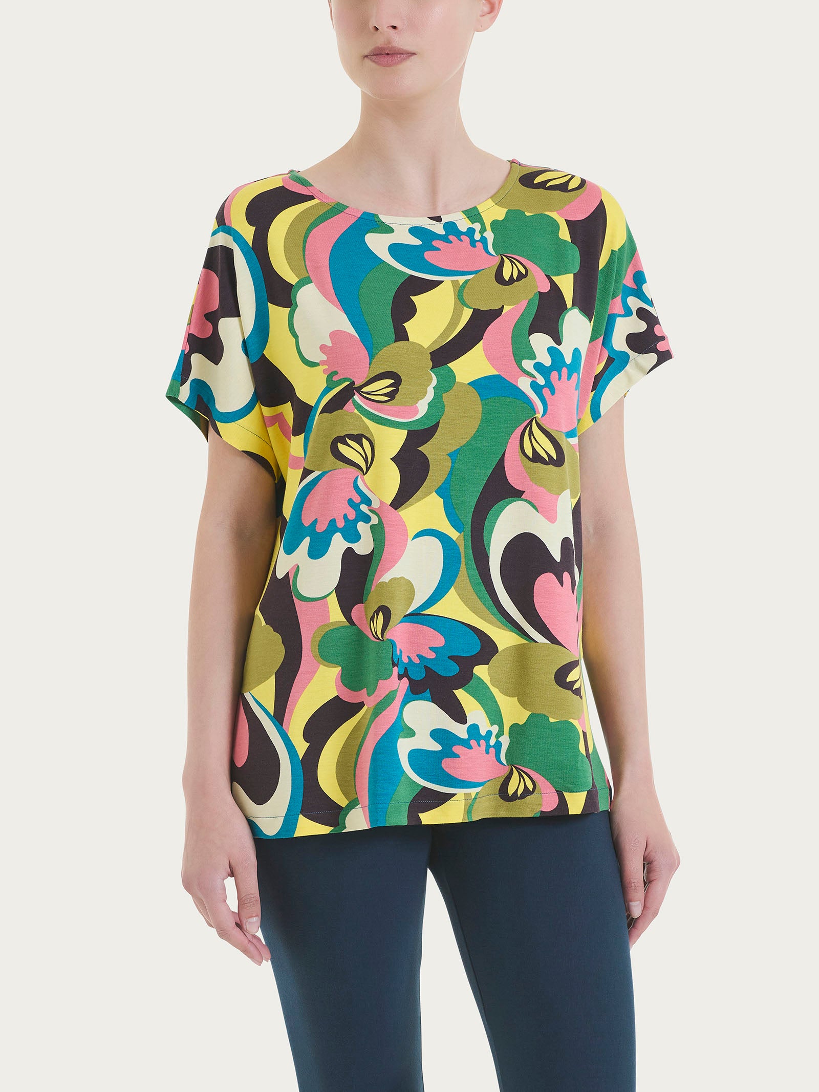 Maglietta girocollo con geometric pattern in Viscosa Summer  Blu Donna - Ragno