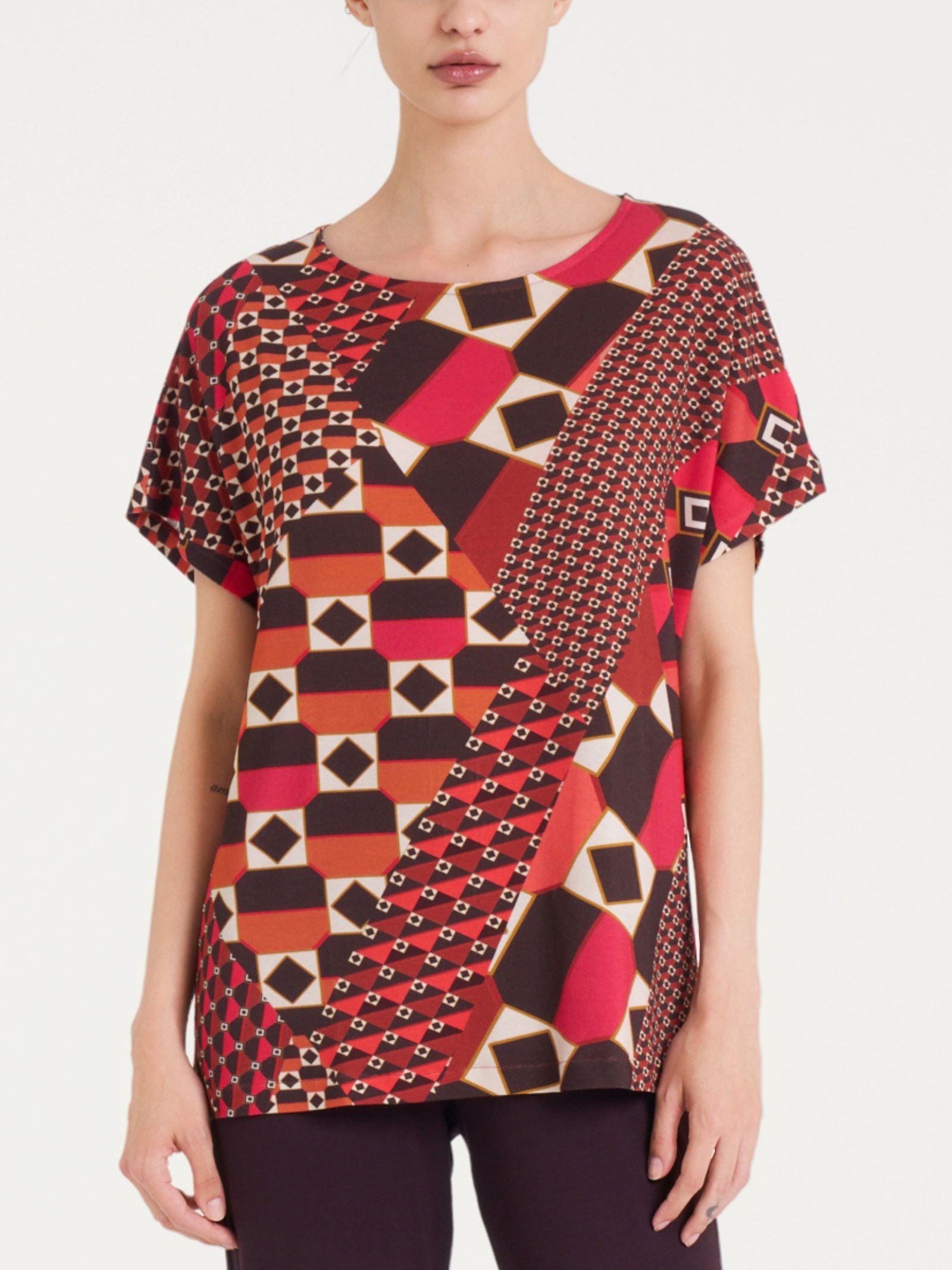 Maglietta girocollo con geometric pattern in Viscosa Summer  Marroni Donna - Ragno