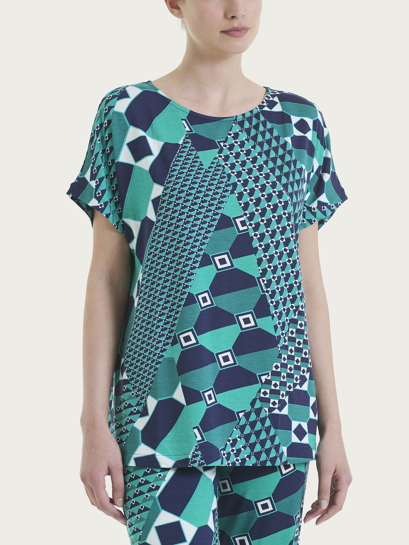 Maglietta girocollo con geometric pattern in Viscosa Summer  Blu Donna - Ragno