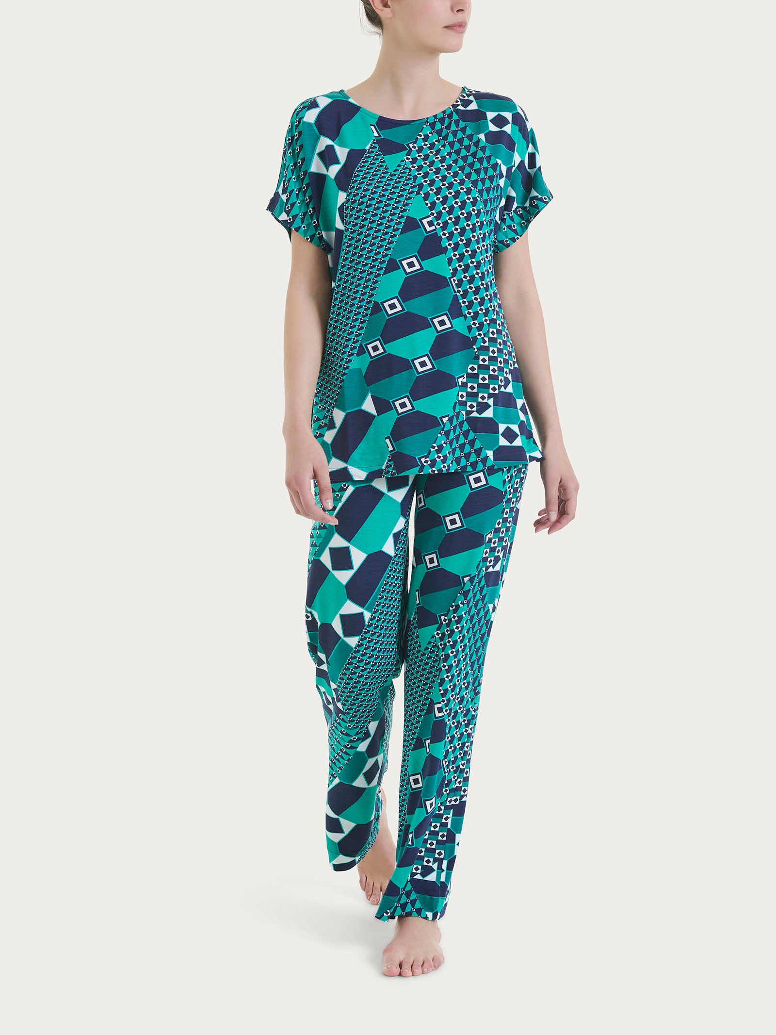 Maglietta girocollo con geometric pattern in Viscosa Summer  Blu Donna - Ragno