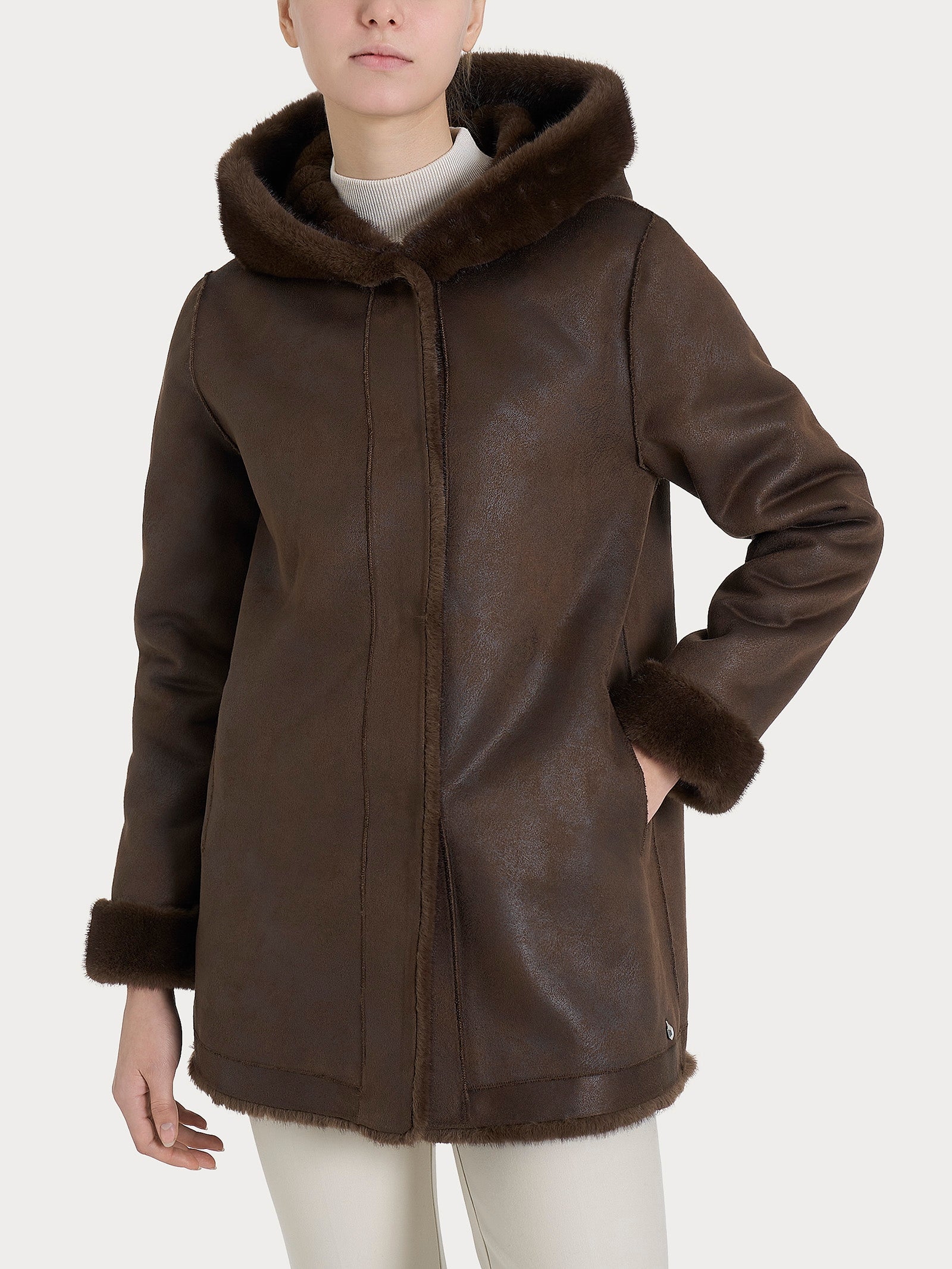 Cappotto con cappuccio double-face in Vegan Fur Marroni Donna - Ragno