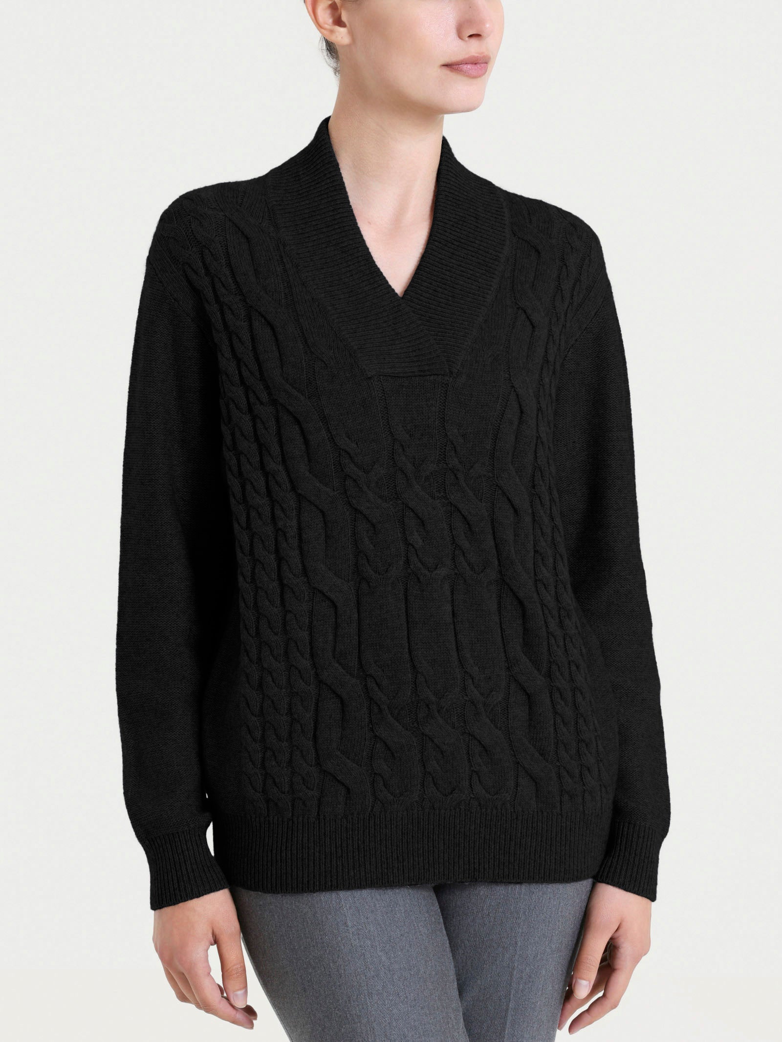 Maglia con scollo a V e trecce alternate in Natural Soft Neri Donna - Ragno