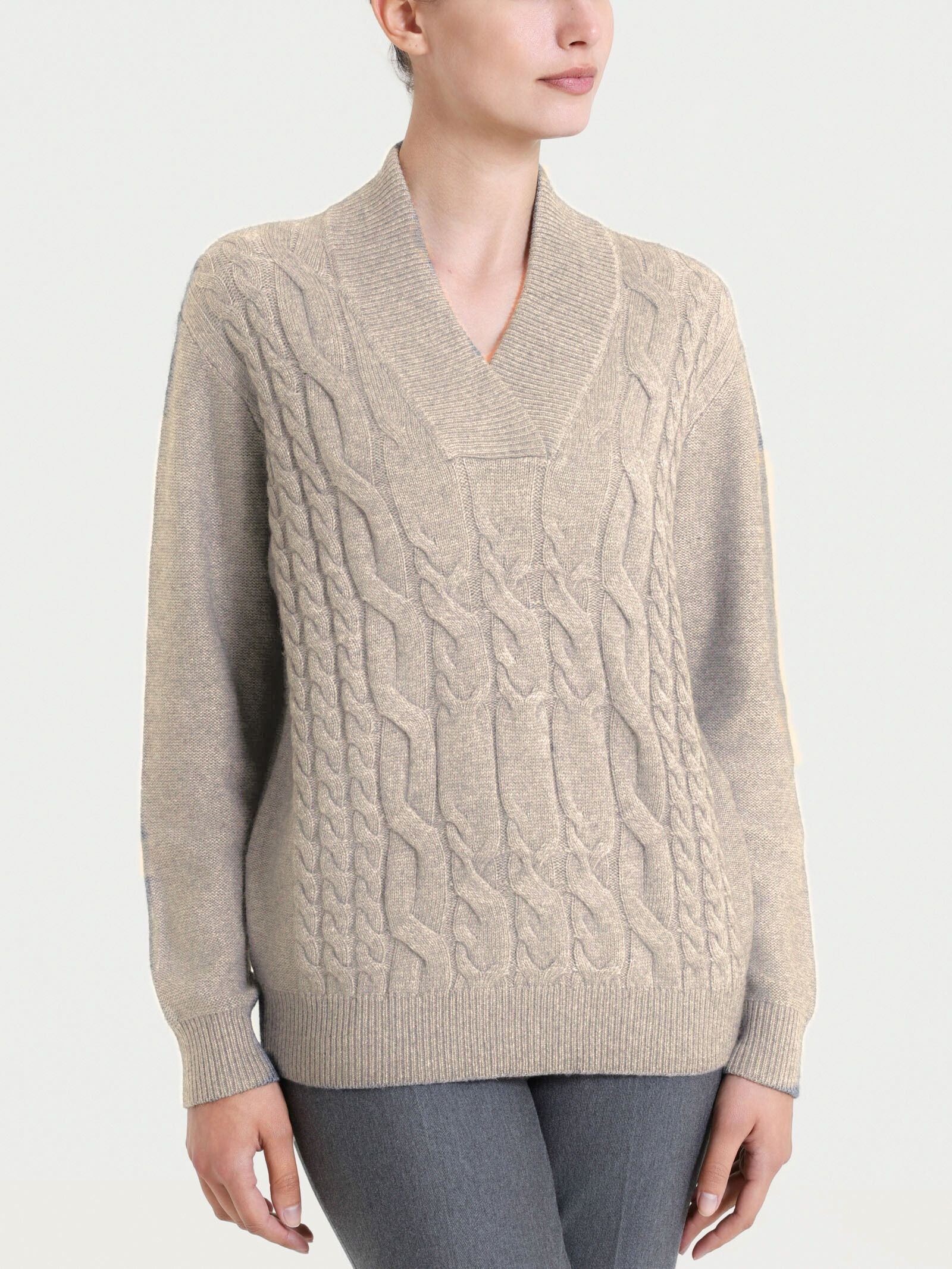 Maglia con scollo a V e trecce alternate in Natural Soft Grigi Donna - Ragno