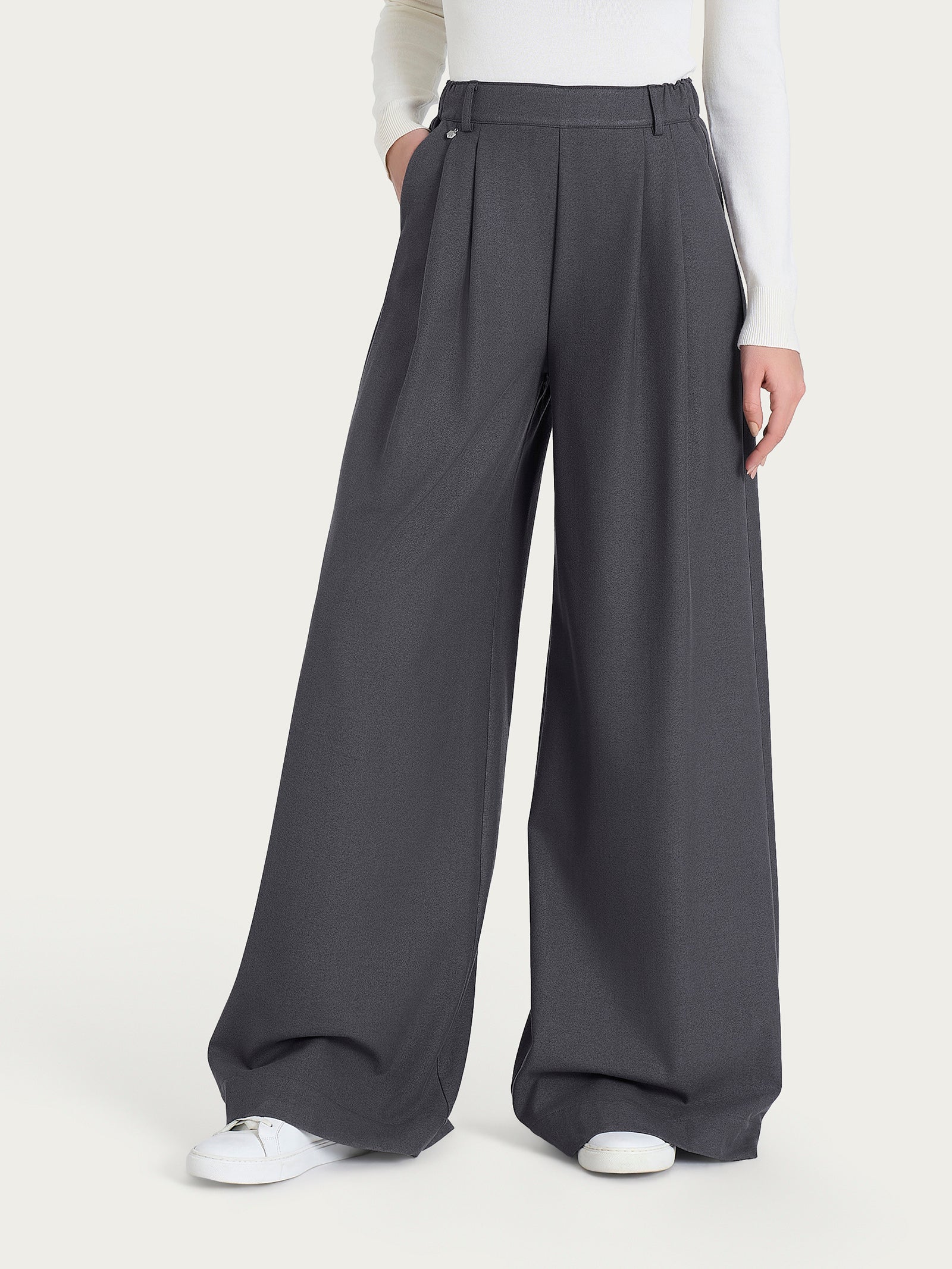 Pantalone a palazzo con tasche e pinces in Flannel Twill Neri Donna - Ragno