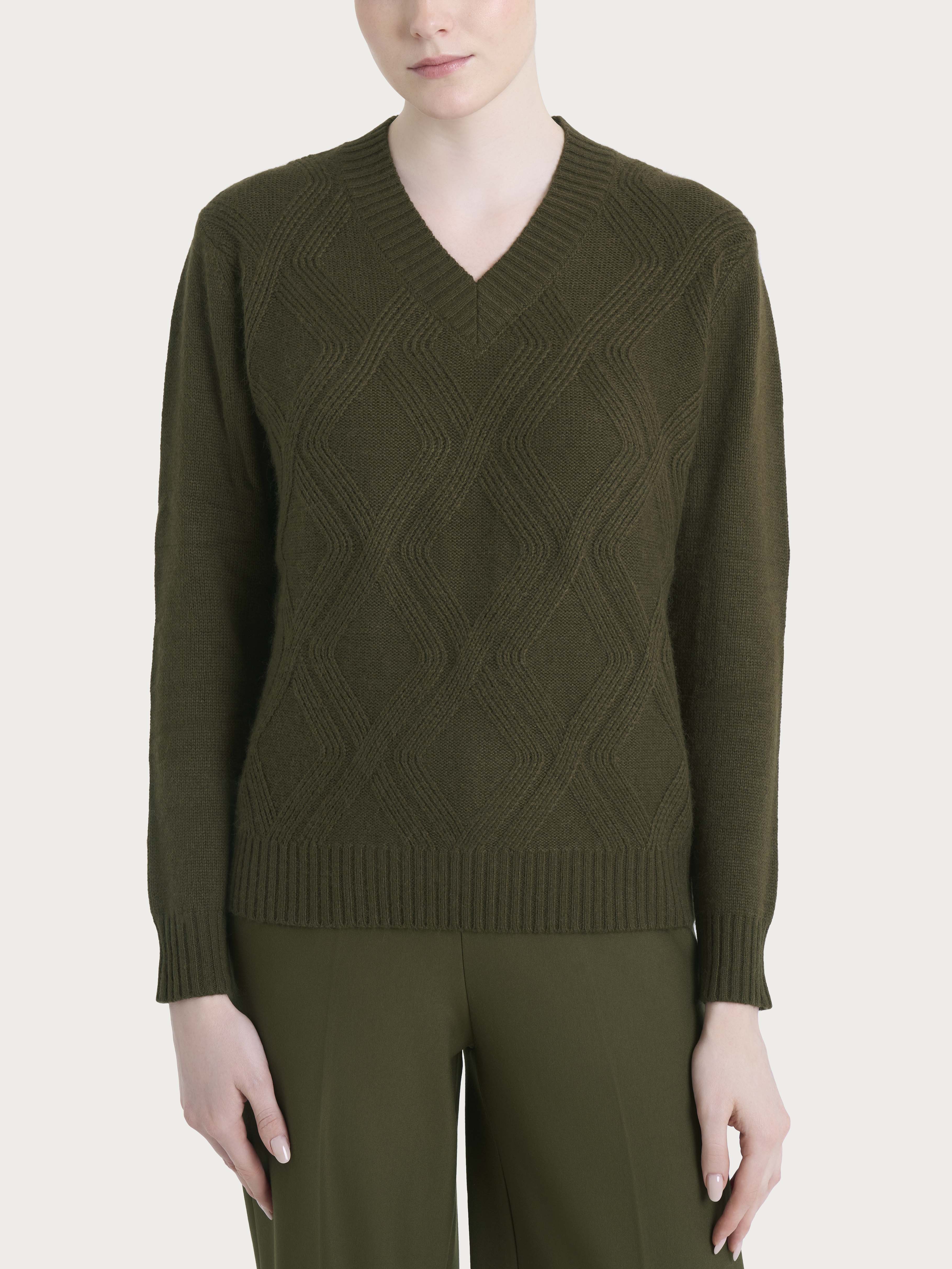 Maglia con scollo a V e con trecce in Natural Soft Verdi Donna - Ragno