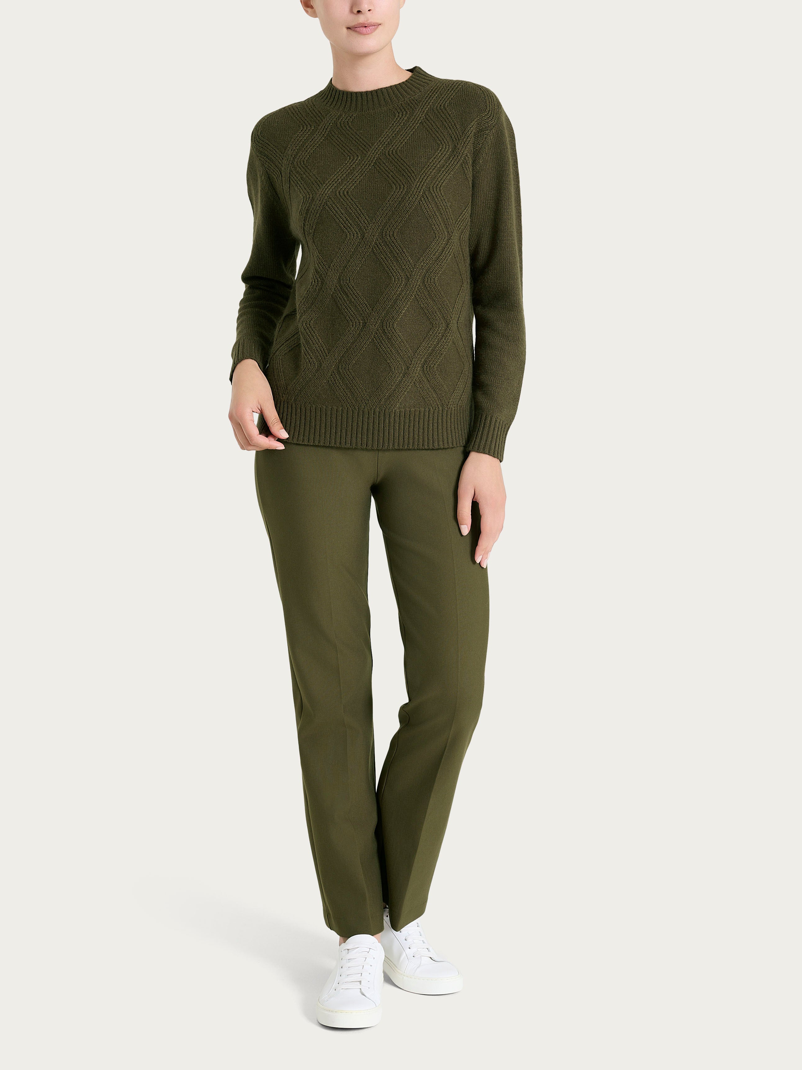 Maglia girocollo con trecce in Natural Soft Verdi Donna - Ragno