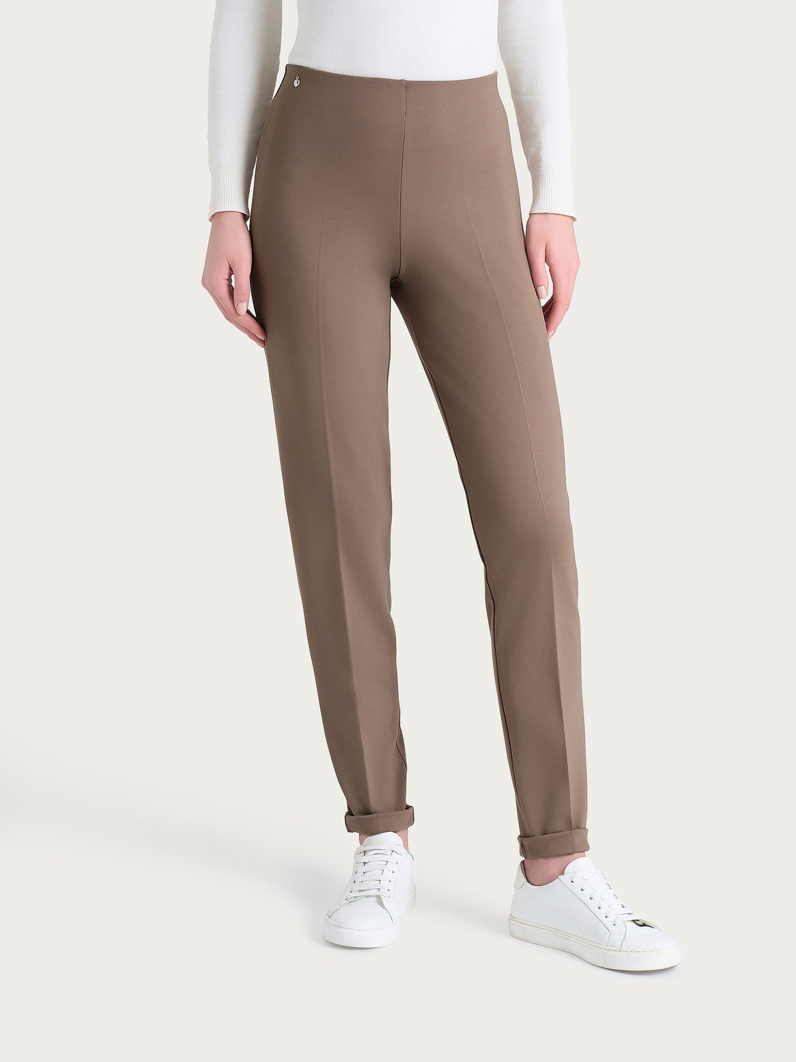 Pantalone a sigaretta con risvolto in Cashmere Compact Marroni Donna - Ragno