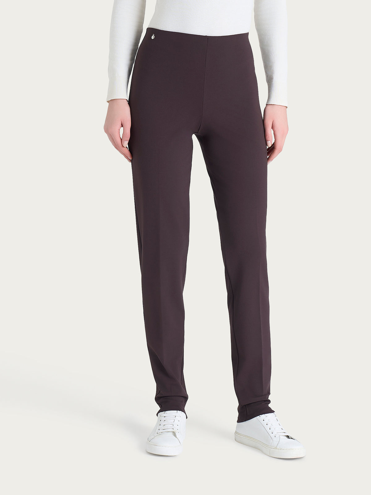 Pantalone a sigaretta con risvolto in Compact con Cashmere Marroni Donna - Ragno