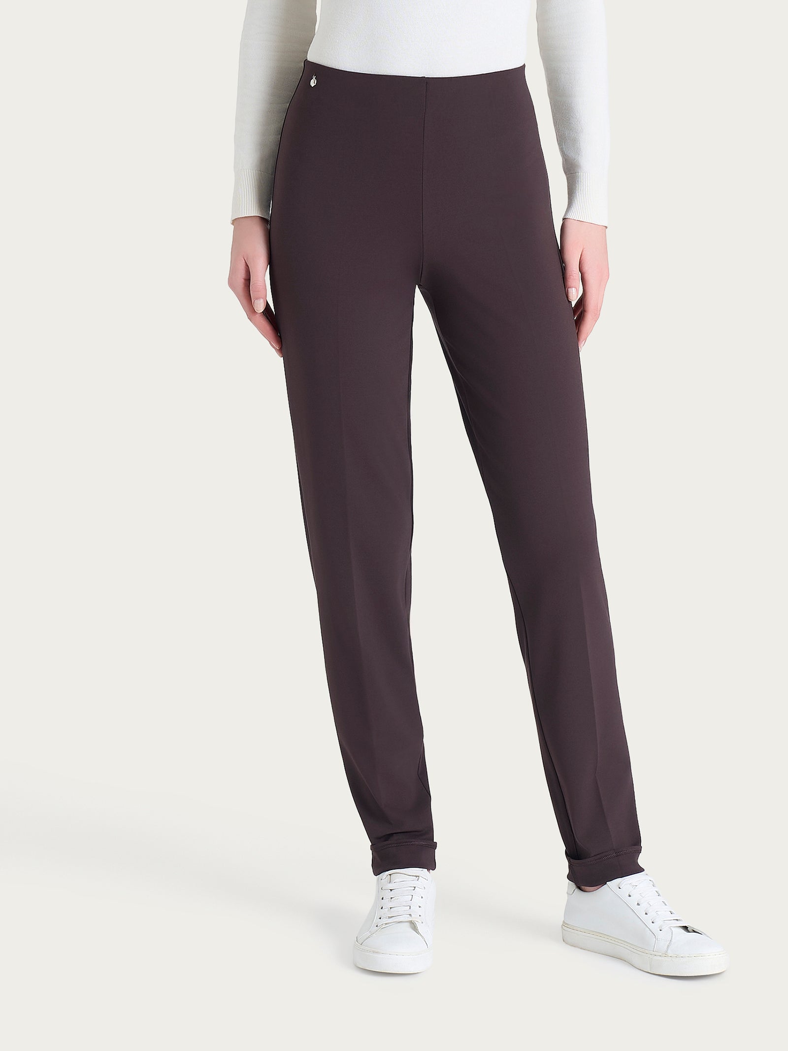 Pantalone a sigaretta con risvolto in Cashmere Compact Marroni Donna - Ragno