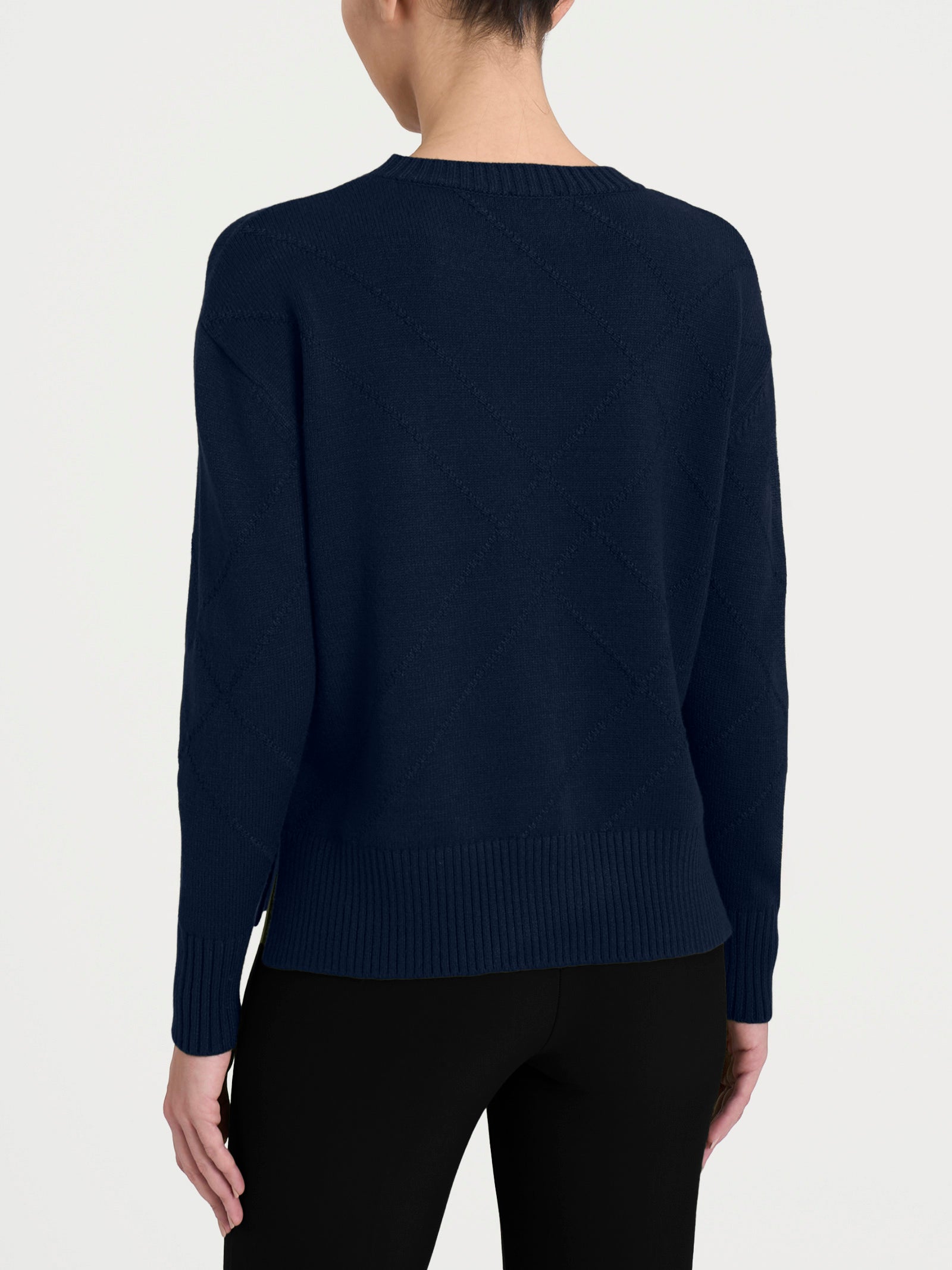 Maglia girocollo con fantasia check diagonale in Super Soft Blu Donna - Ragno