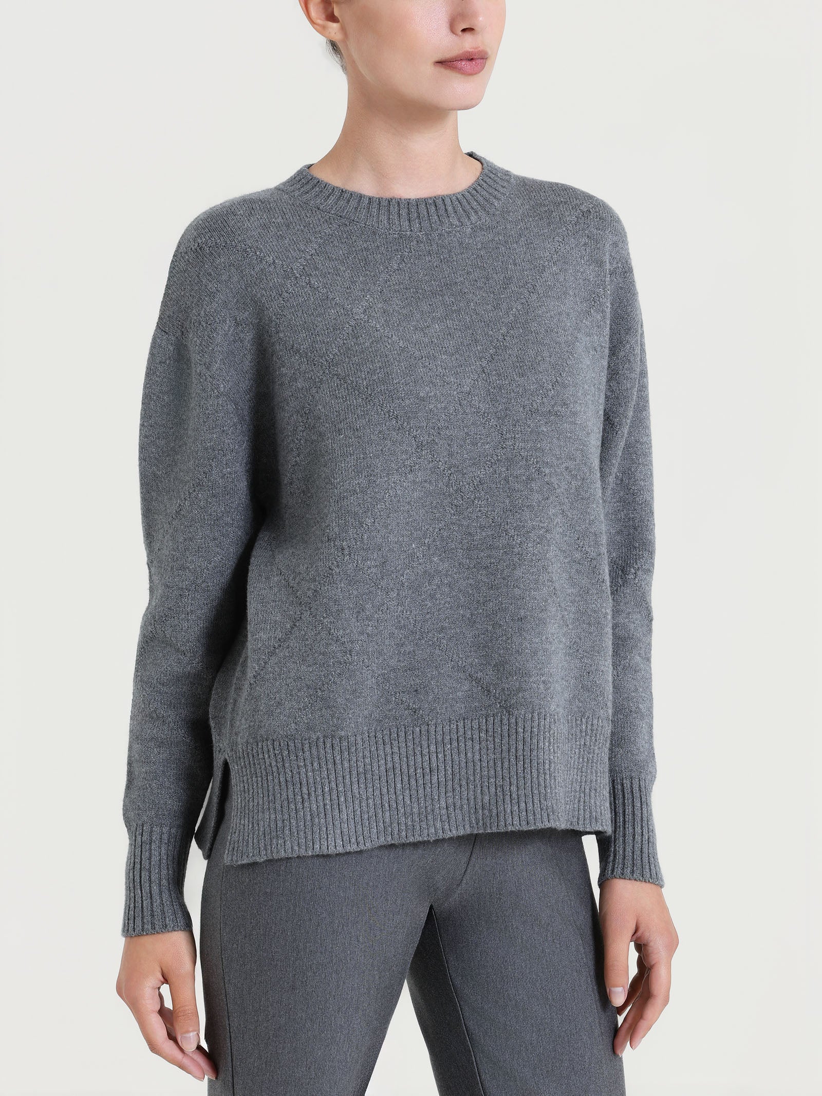 Maglia girocollo con fantasia check diagonale in Super Soft Neri Donna - Ragno